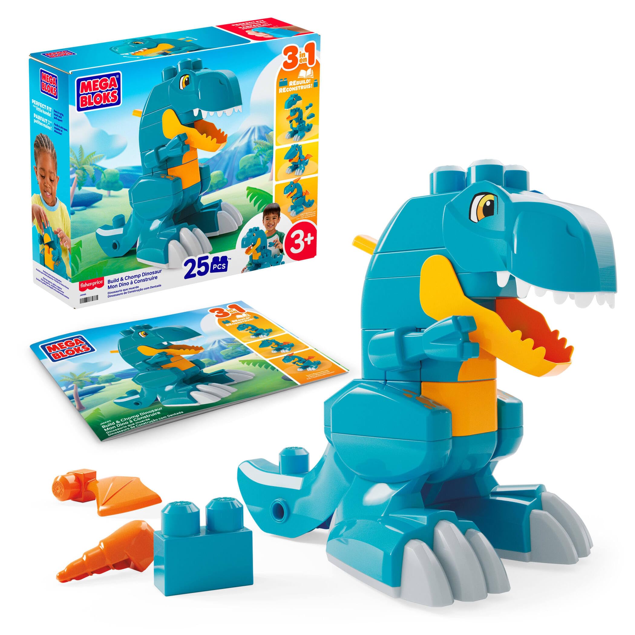 Mega Bloks Fisher-Price 3-in-1 Build & Chomp Dinosaur T-Rex Block Toy | Ages 3Y+ 1
