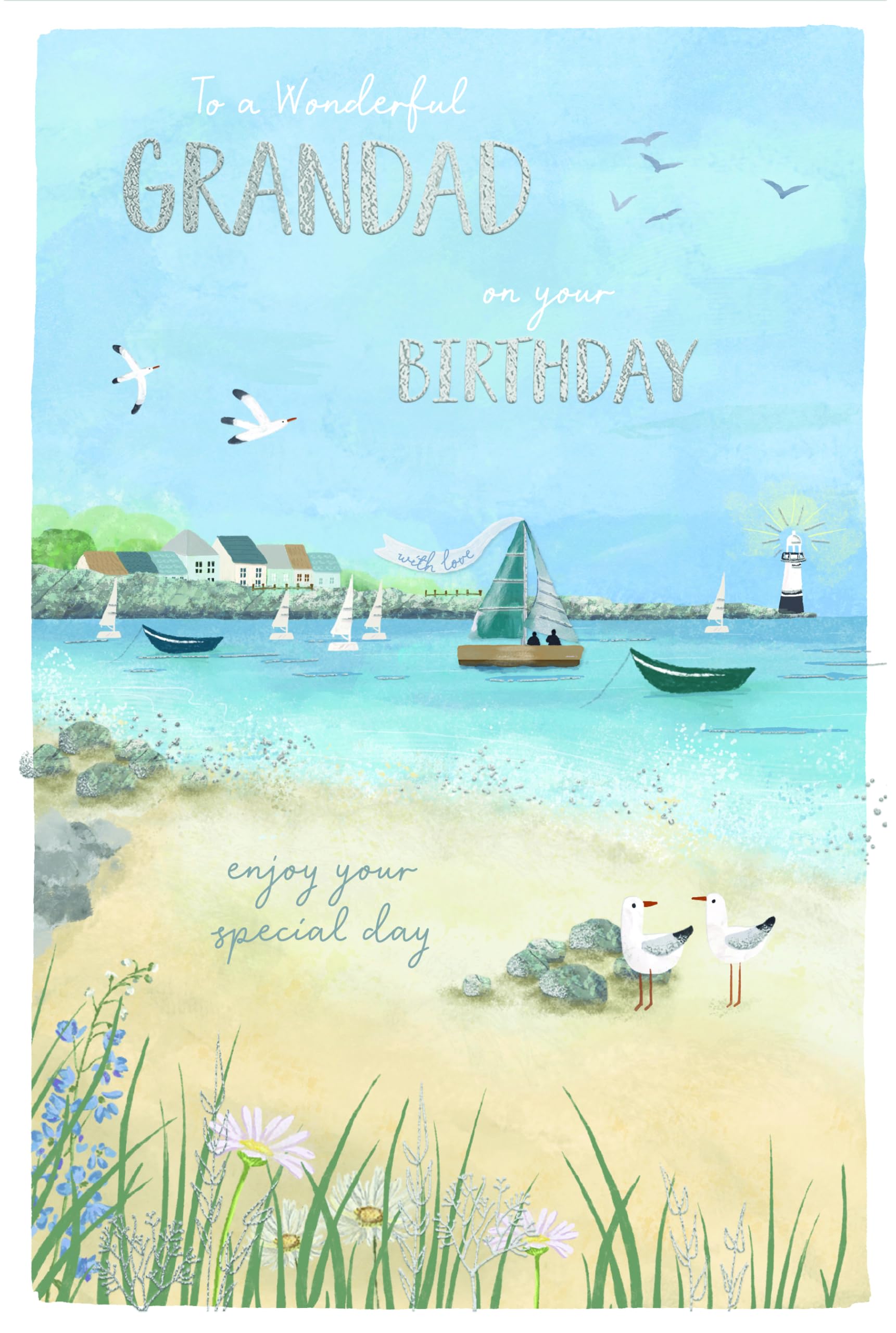 Wishing Well Grandad Birthday Card | 9 x 6 Inches | Seaside Boat Design | Luxury Foil Lettering 1