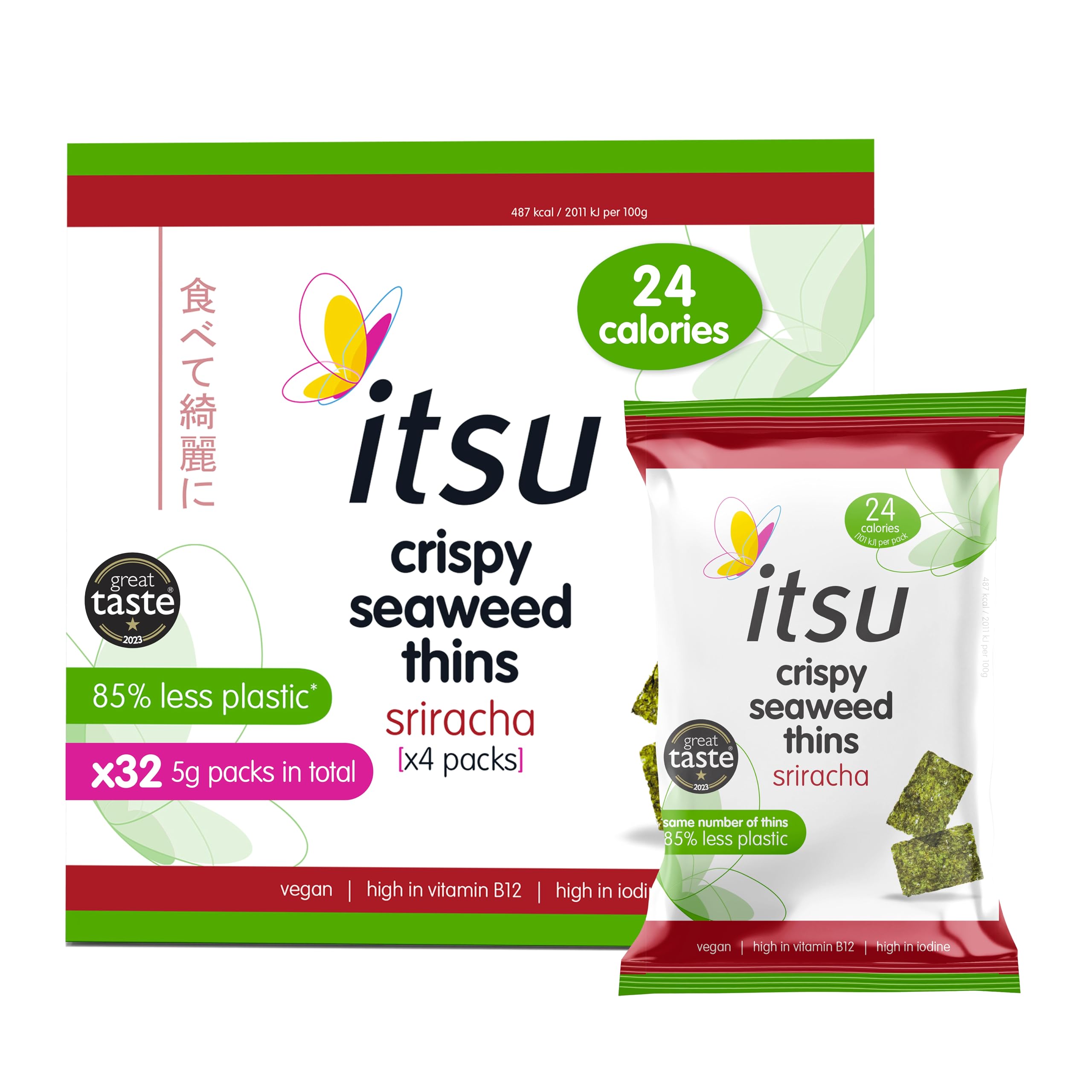 itsu Seaweed Thins Sriracha Seasoned - 32 Pack of 5g Crispy Vegan Snacks | Low Calorie