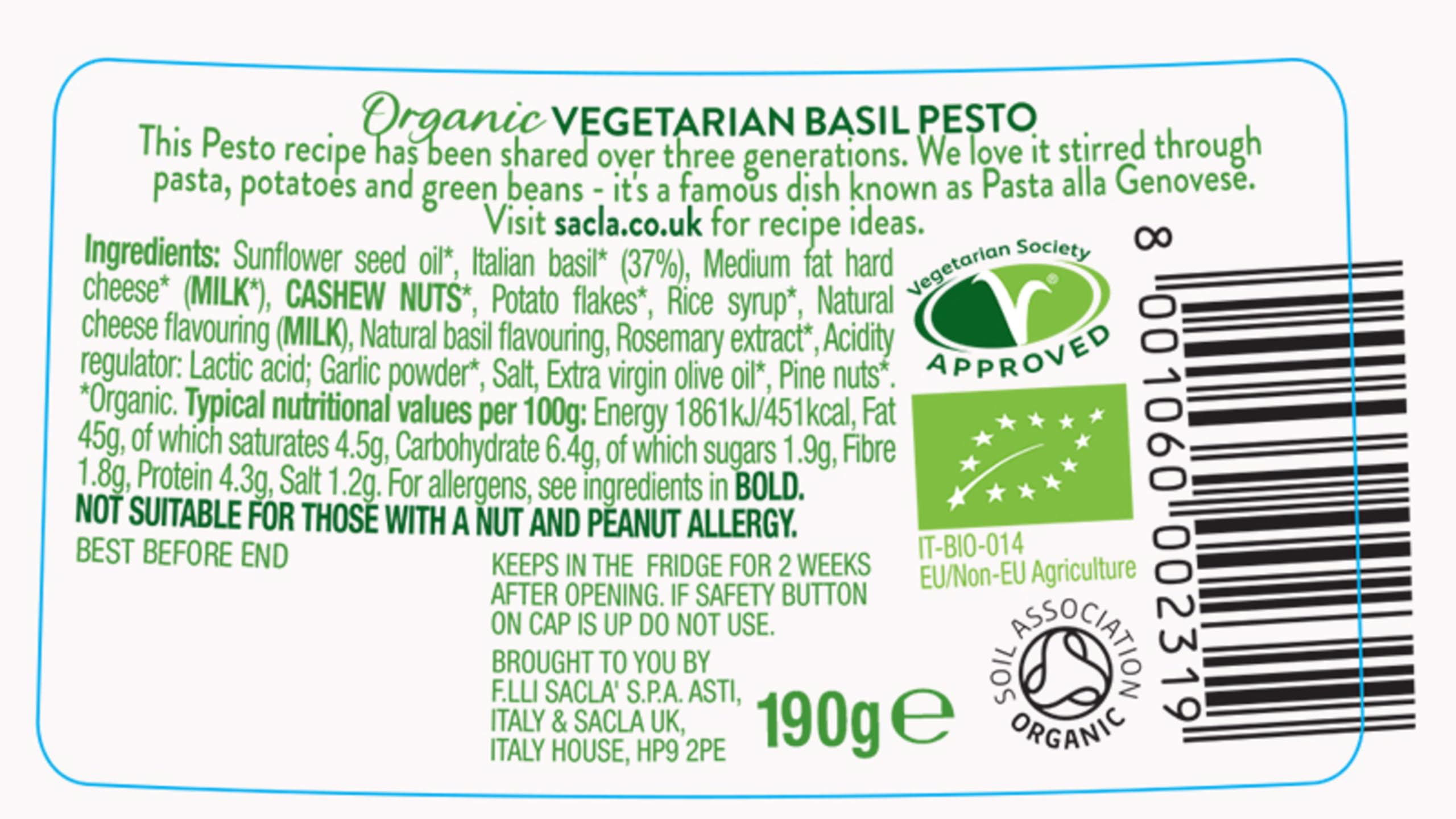 Sacla Organic Vegetarian Basil Pesto Sauce - 190g Jar | Made with Italian Basil & Pine Nuts