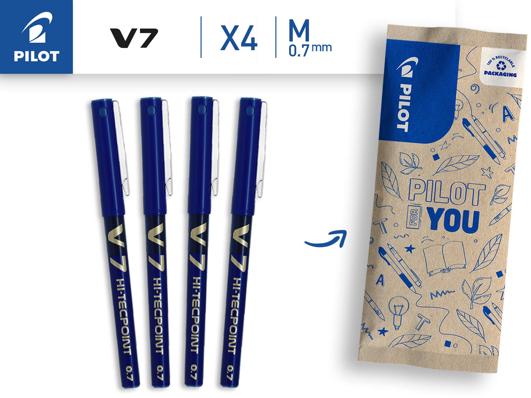 Pilot V7 Liquid Ink Rollerball 0.7mm Tip - Blue, Pack of 4 7