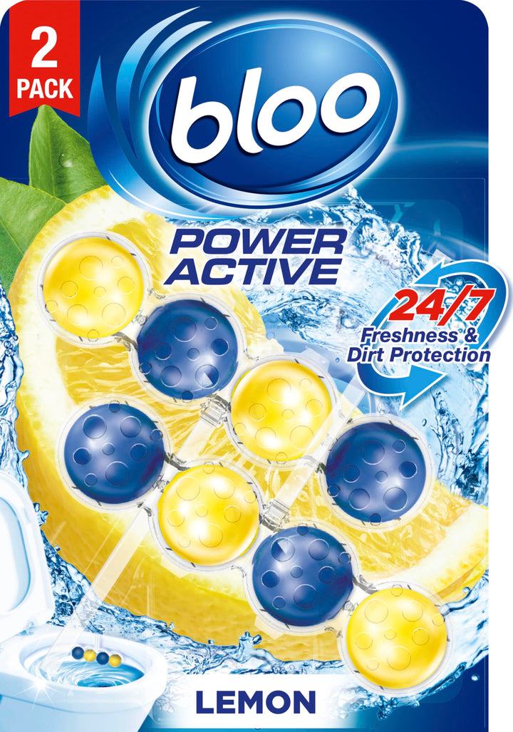 Bloo Power Active Toilet Rim Block - Lemon Scent with Anti-Limescale & Foaming Clean (240 Flushes)