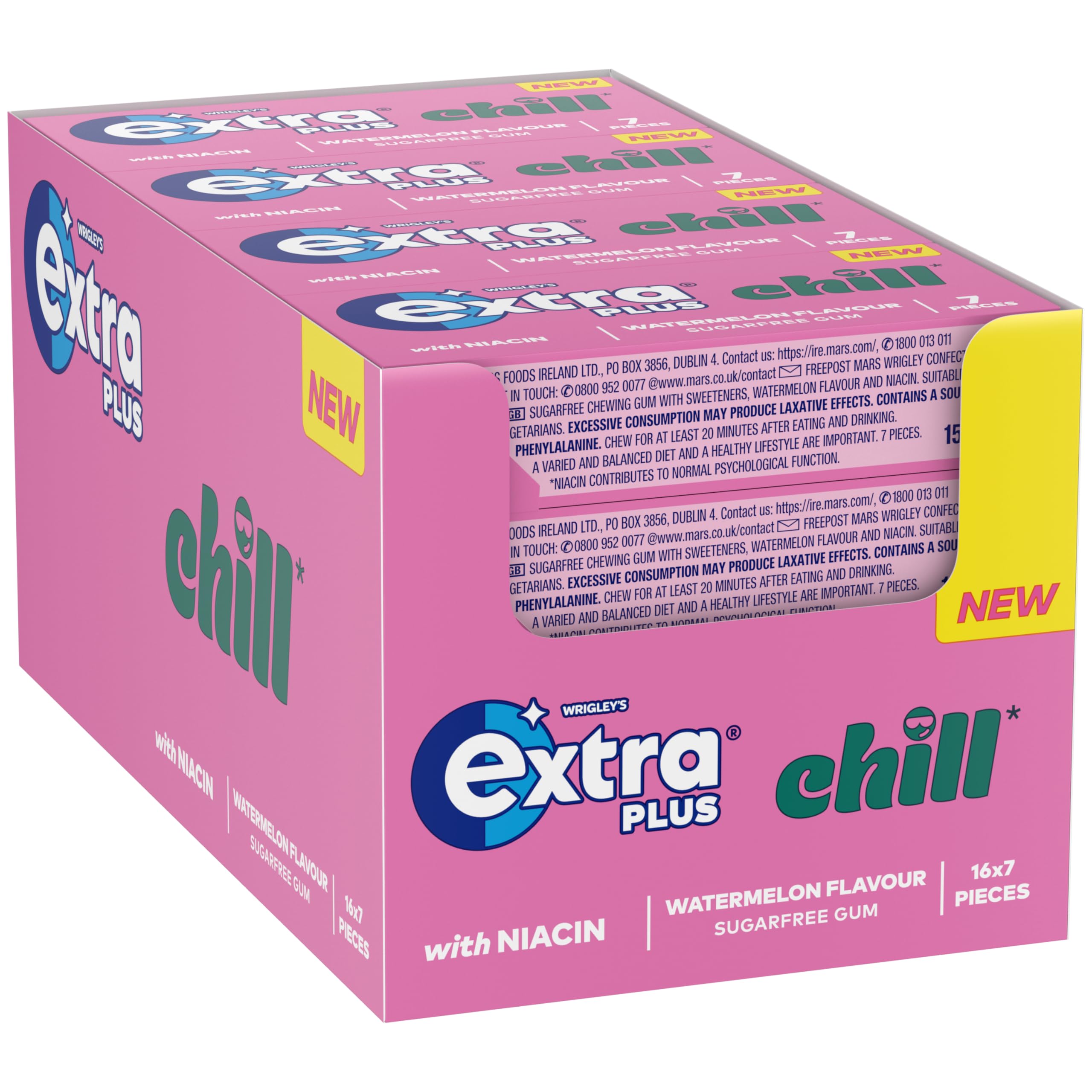 Extra Plus Chill Sugar Free Chewing Gum - Watermelon Flavor, Niacin Infused | 16 Packs (112 Total Pieces)