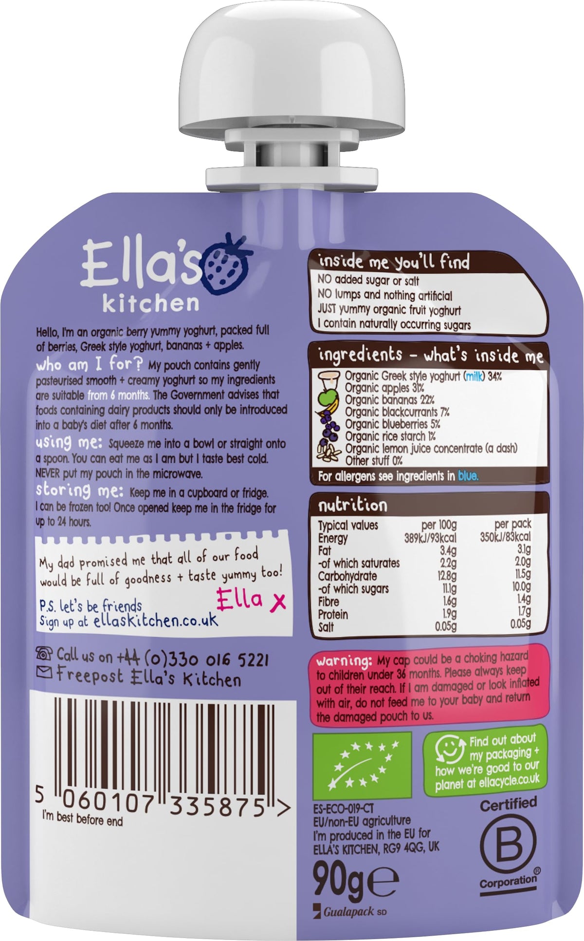 Ella's Kitchen Berry Greek Yoghurt Mix - 90g, Pack of 6, from 6 Months
