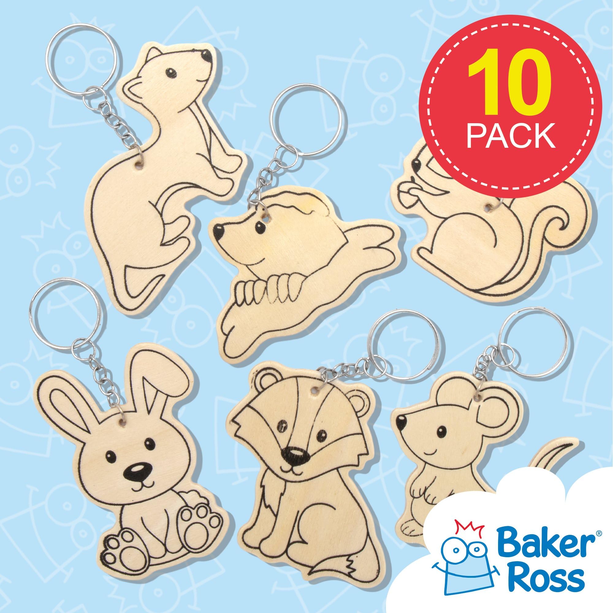 Baker Ross Woodland Animal Wooden Keyrings - Pack of 10 | Colour-In Craft Kit | 4.5cm-8cm 2