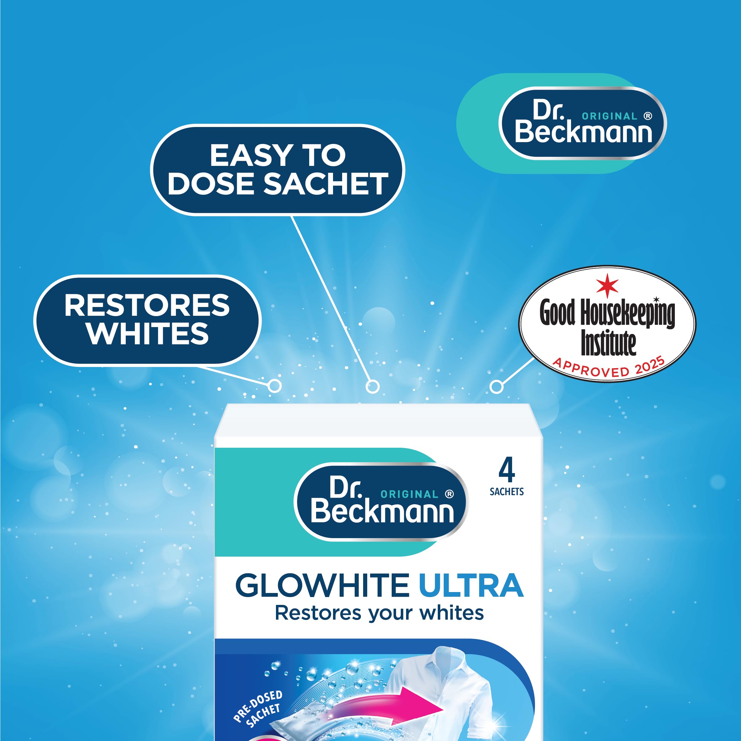 Dr. Beckmann Glowhite Ultra Stain Remover Sachets for Brighter Whites | Pack of 6