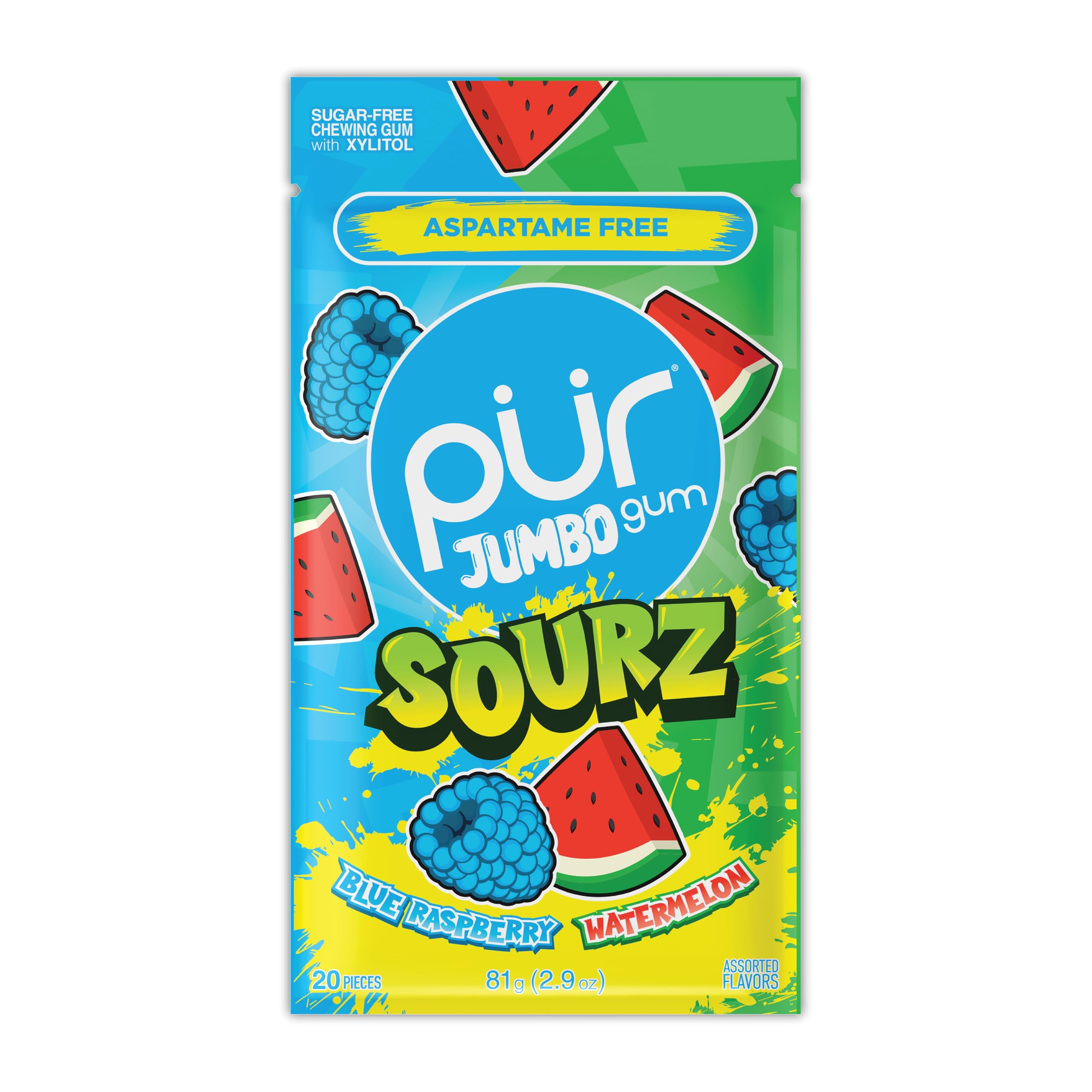 PUR Gum JUMBO SOURZ - Aspartame Free, Xylitol Sweetened, Fruit Flavor Chewing Gum | 20 Count