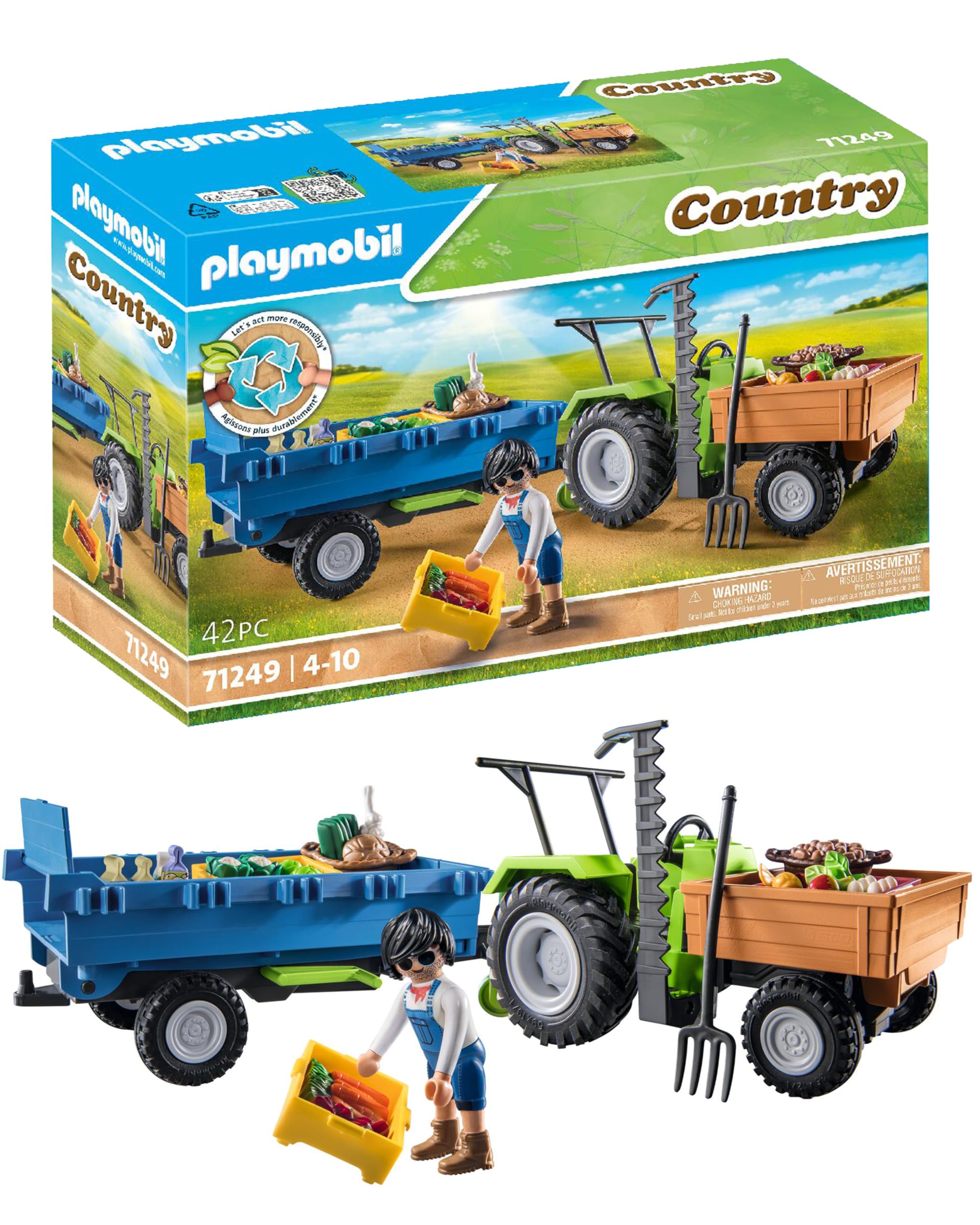 Playmobil Country Harvester Tractor with Trailer and Transport Boxes - Farm Playset for Kids 4+ 8