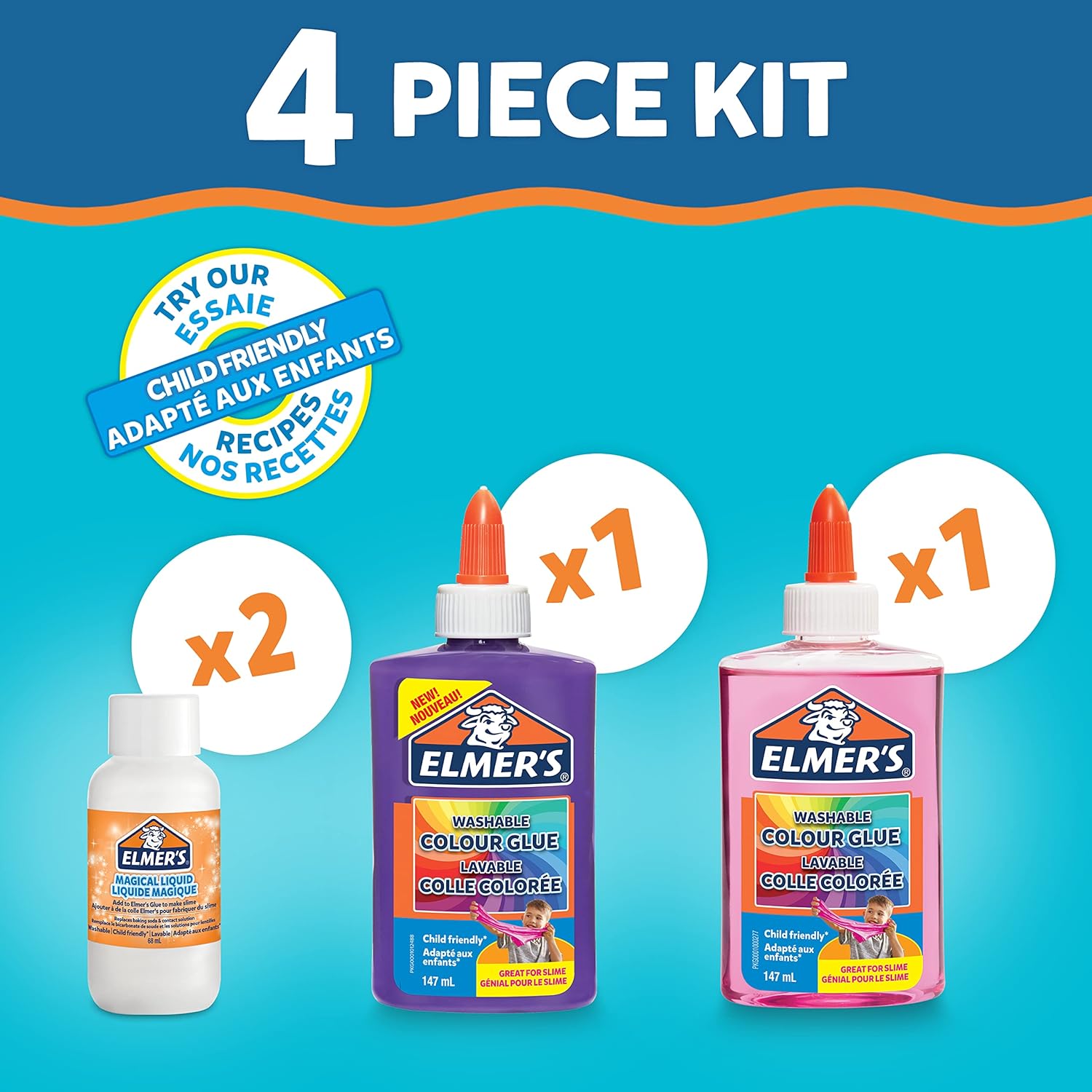 Elmer's Colour Slime Kit – Set zur Herstellung von abwaschbarem Schleim mit rosa und violettem Kleber, magischem Flüssigaktivator