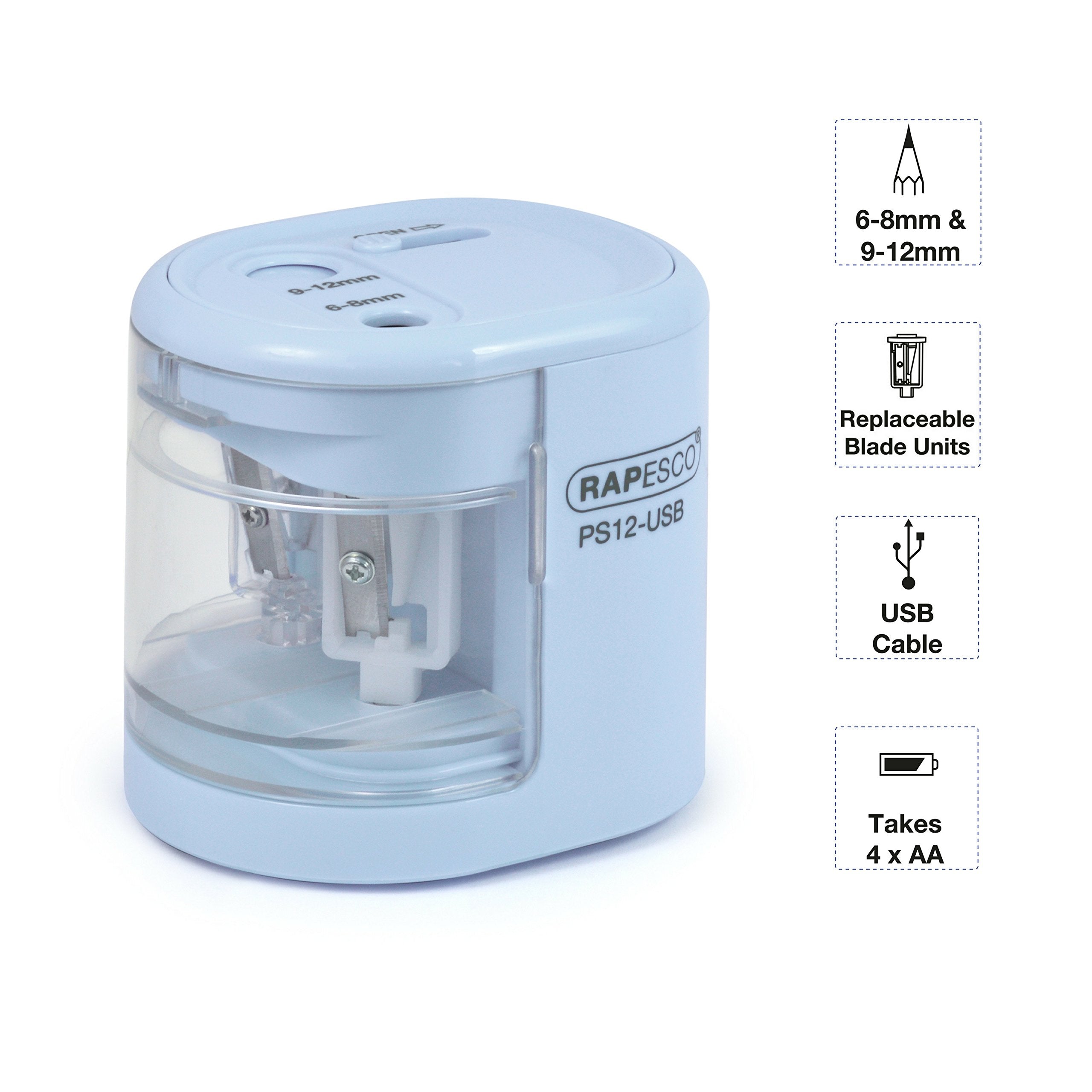 RAPESCO PS12-USB Automatic Electric Pencil Sharpener | Dual Hole | USB/Battery Powered | Powder Blue