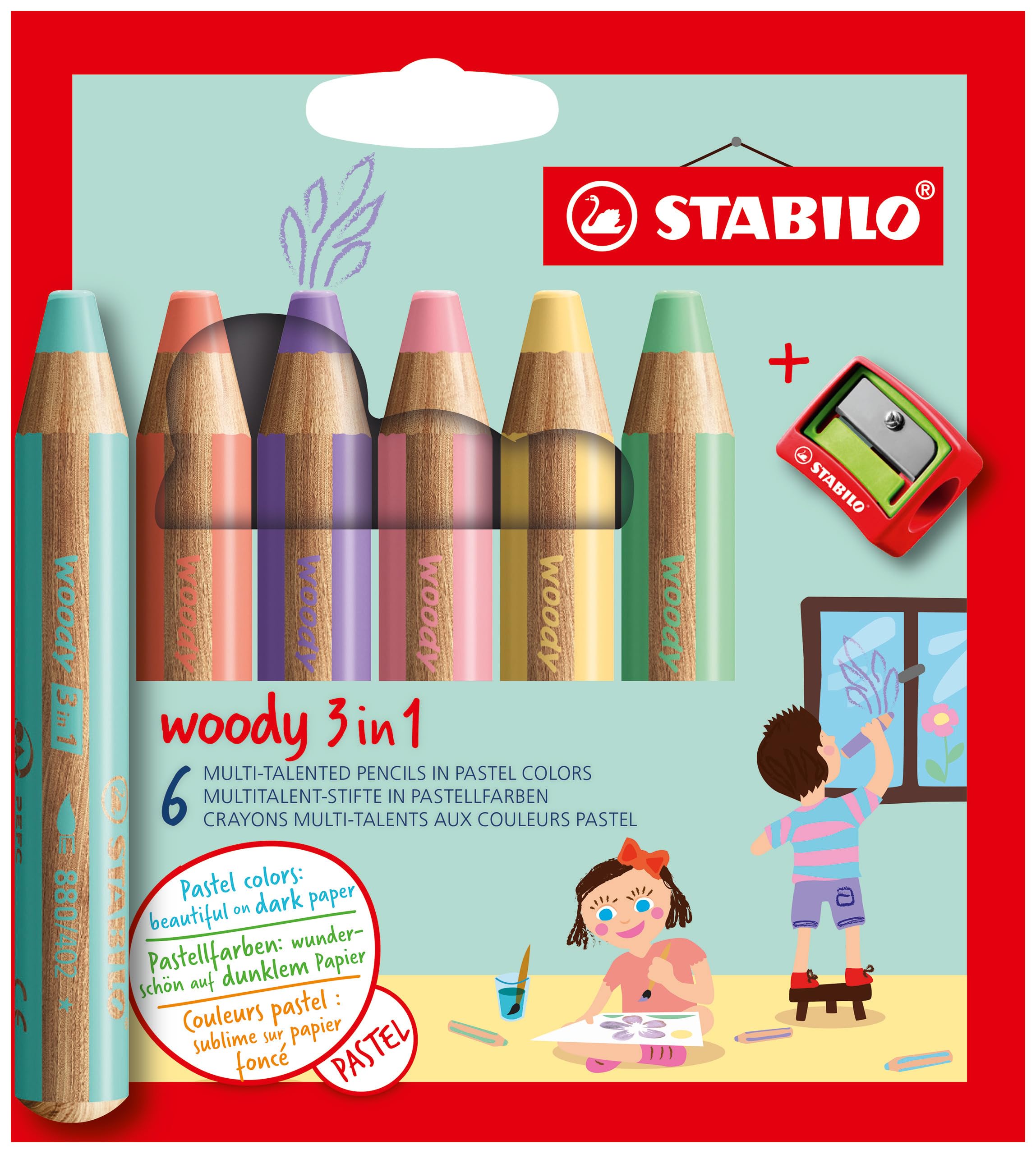 STABILO woody 3-in-1 Coloured Pencils - Pastel Assortment | 6 Count