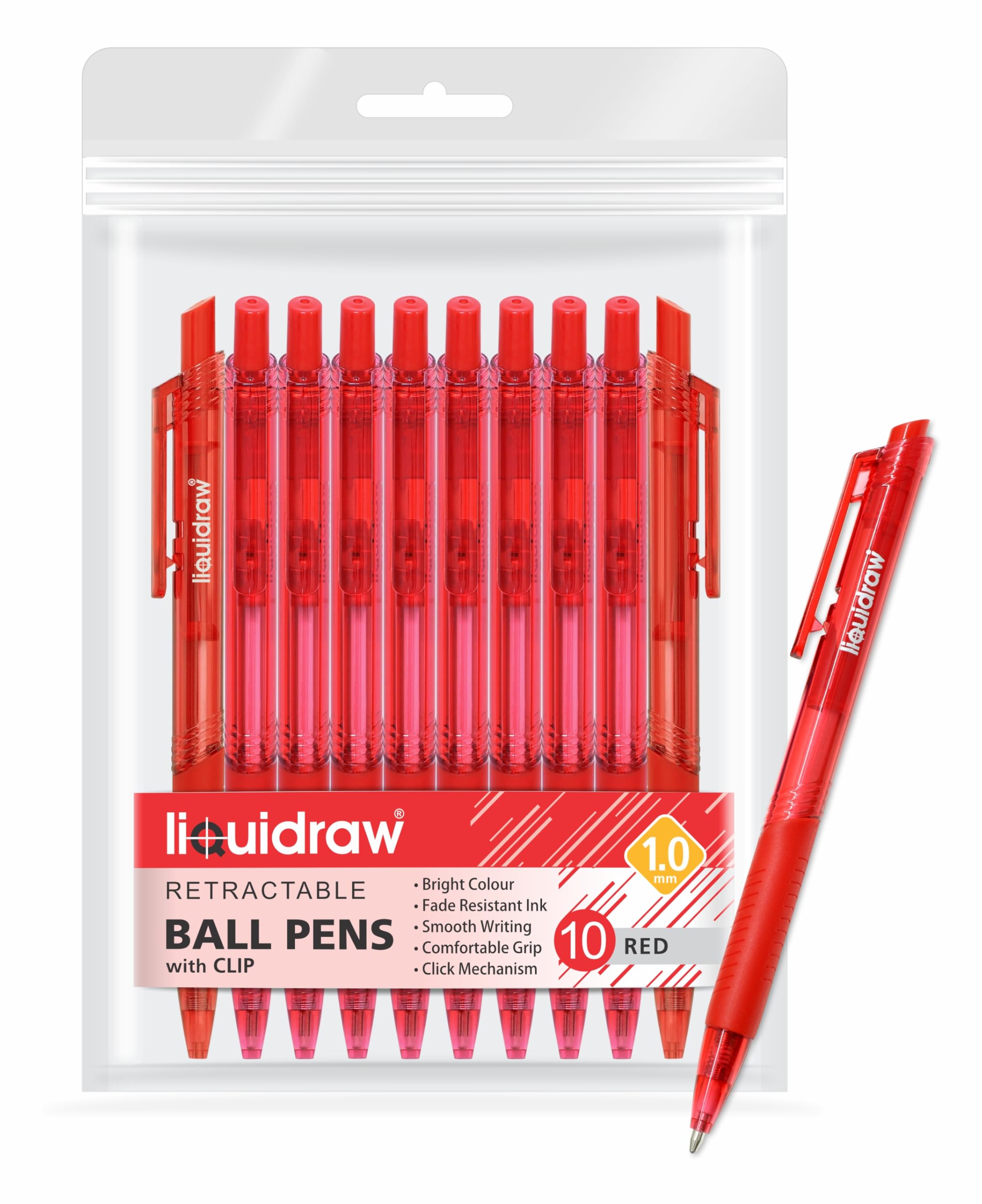 Liquidraw Red Ballpoint Pens - Pack of 10 | 1.0mm Medium Tip | Retractable Click Action