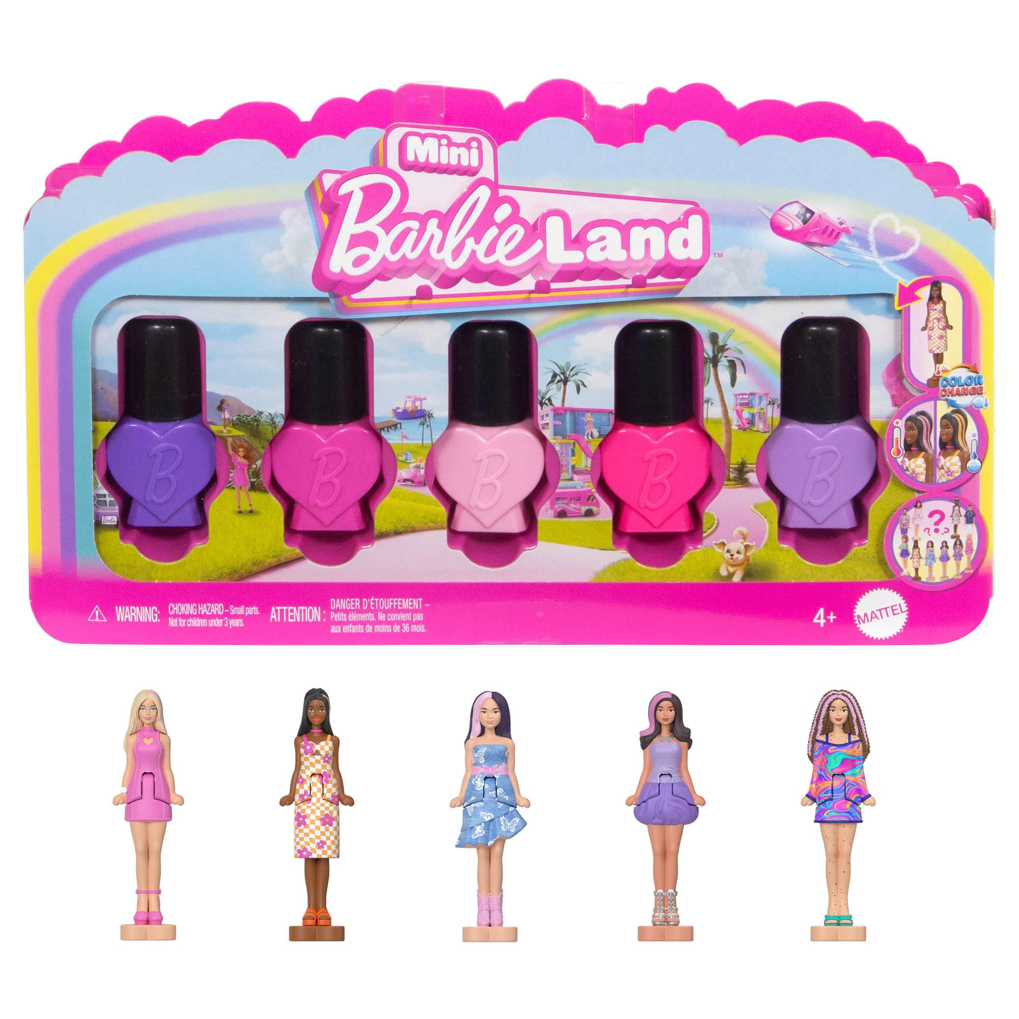 Mini Barbie Land 5-Pack Fashionistas Dolls - Surprise Color-Changing Playset for Kids 3