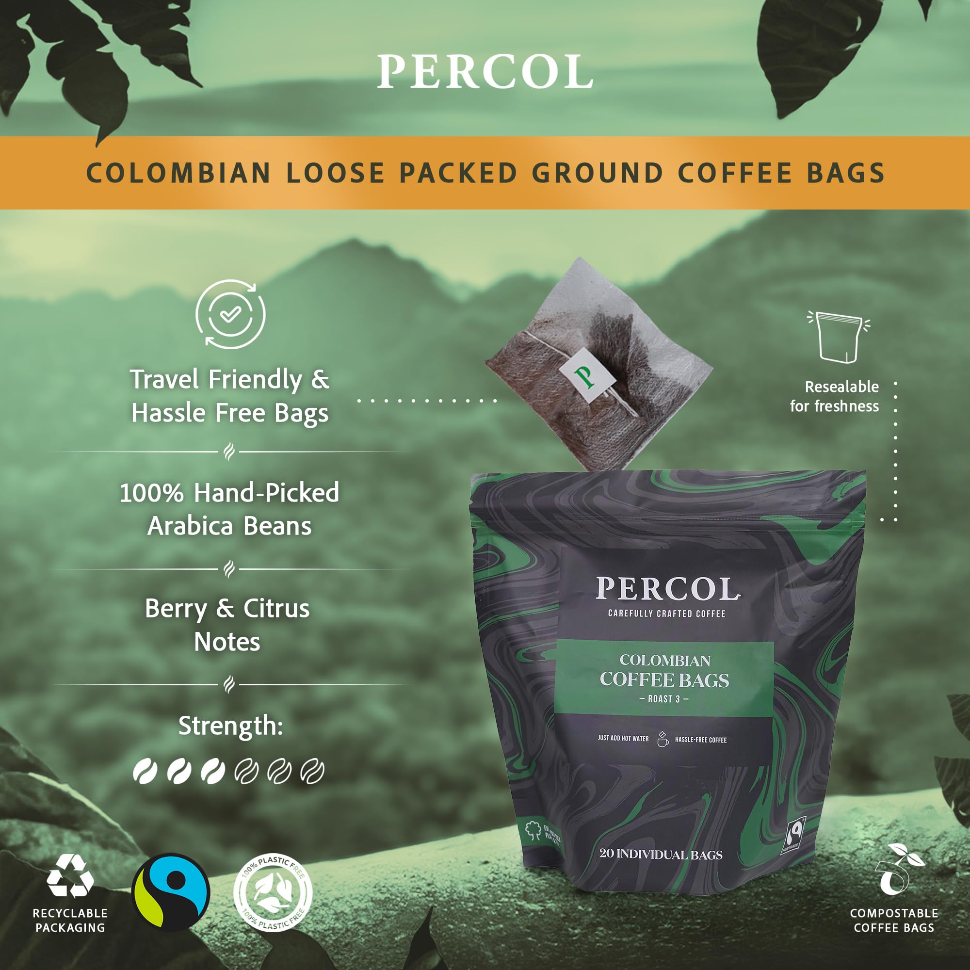 PERCOL Colombian Ground Coffee Bags - Light Roast, Fairtrade Certified | 80 x 8g 4