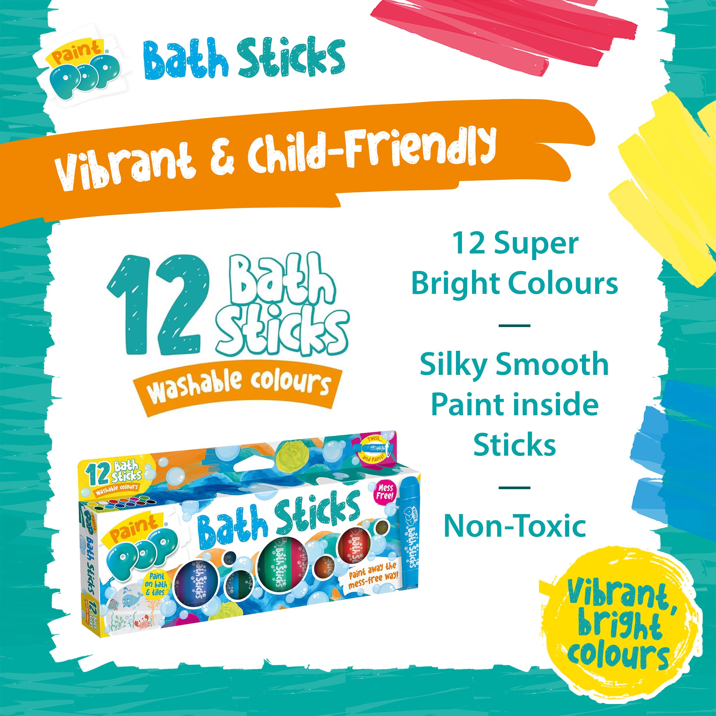 Paint Pop Bath Sticks for Kids - 12 Washable Pens | Fast Drying | Easy Clean Up