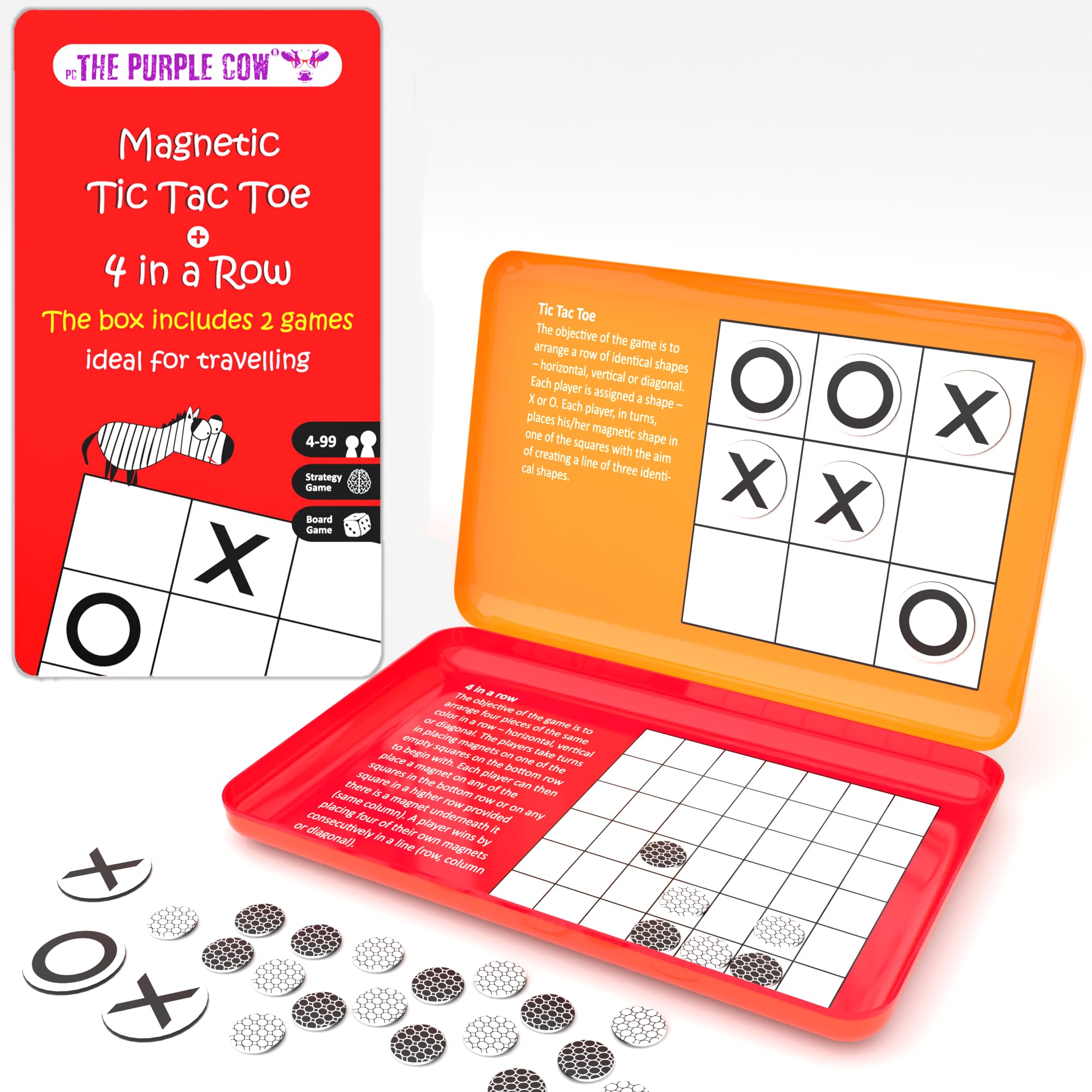 The Purple Cow 4 in A Row & Tic Tac Toe Magnetic Travel Game - Compact, Portable, Family Fun