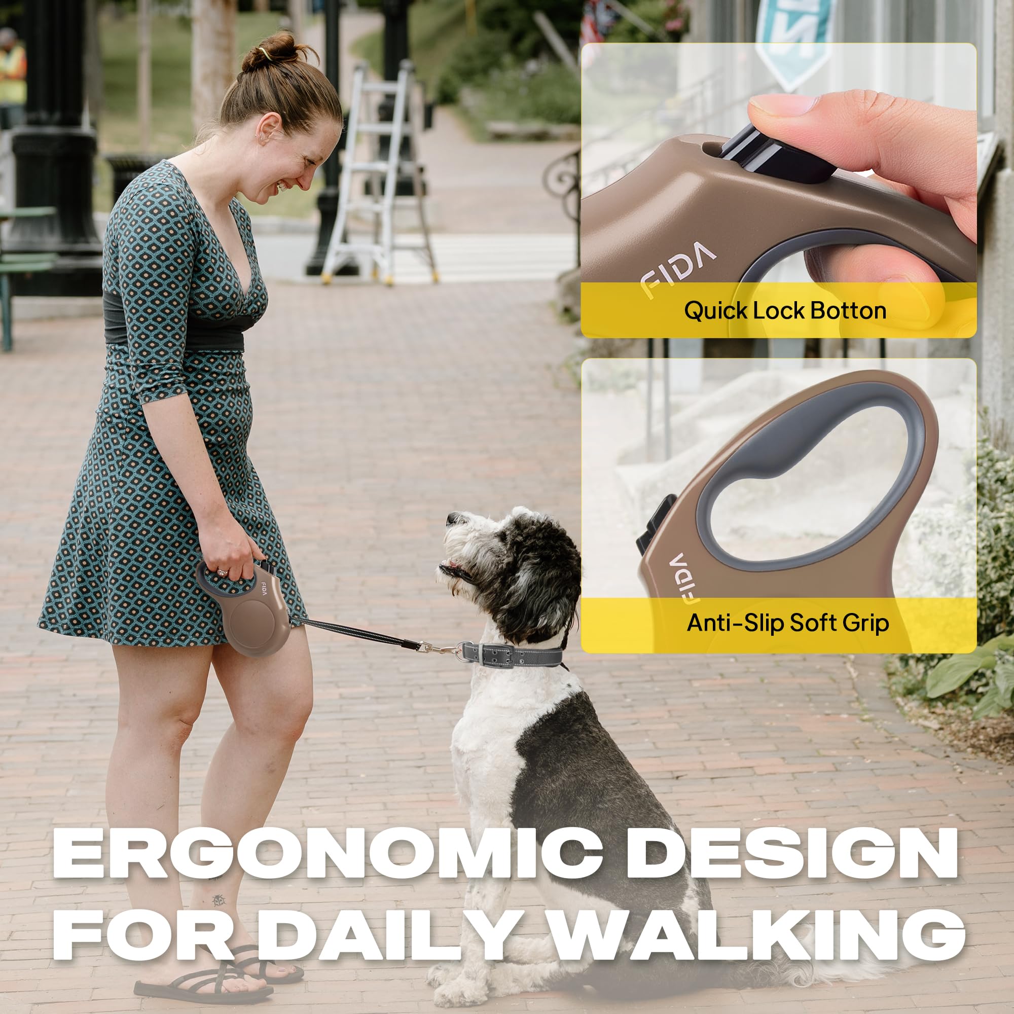 Fida Retractable Dog Lead - 5m Heavy Duty Nylon Tape | Reflective Safety | Coffee Color | Size S 5