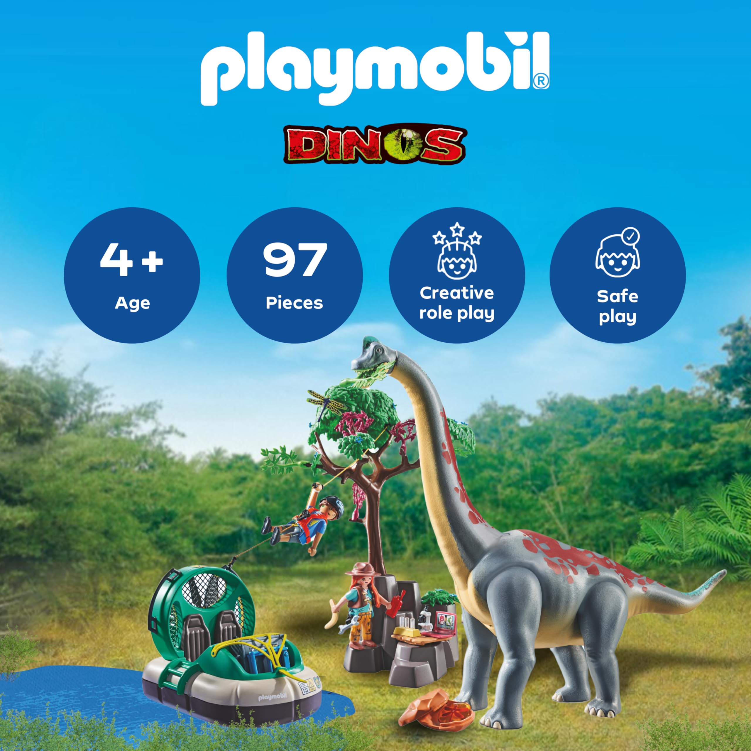 Playmobil Dinos Brachiosaurus Encounter with Hovercraft - Action Playset for Kids 4-10 3