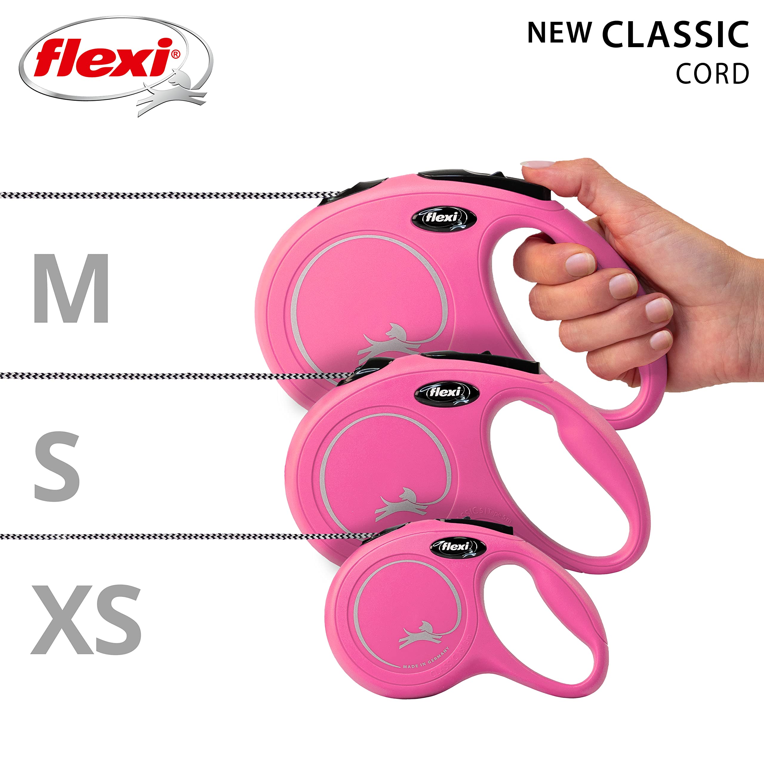 flexi New Classic Cord Retractable Dog Lead | Pink | 5m Cord | Up to 12kg/26lbs 6