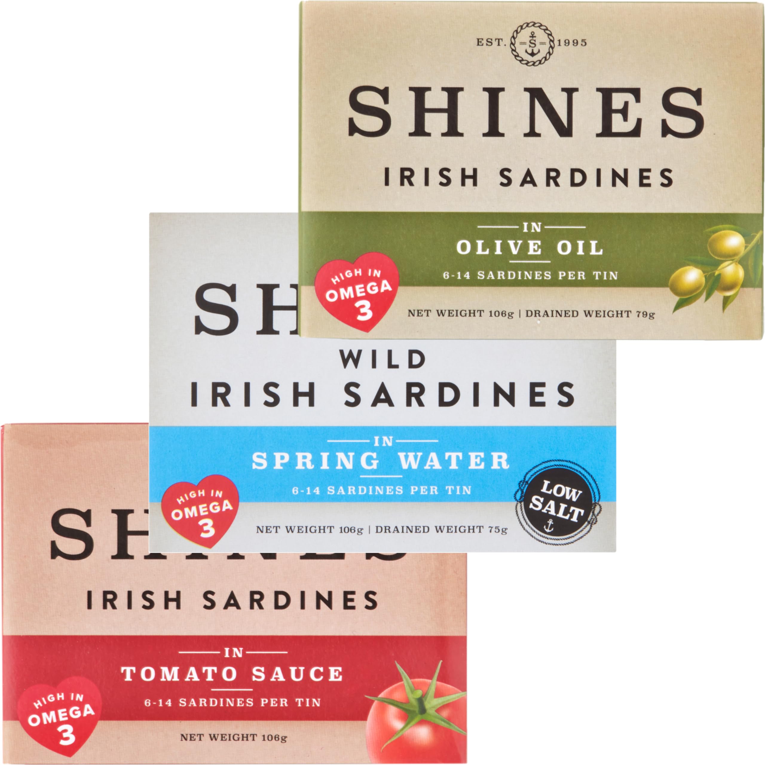 Shines Tinned Sardines in Olive Oil, Tomato Sauce & Spring Water - Whole Brisling Sardines, 3 x 106g
