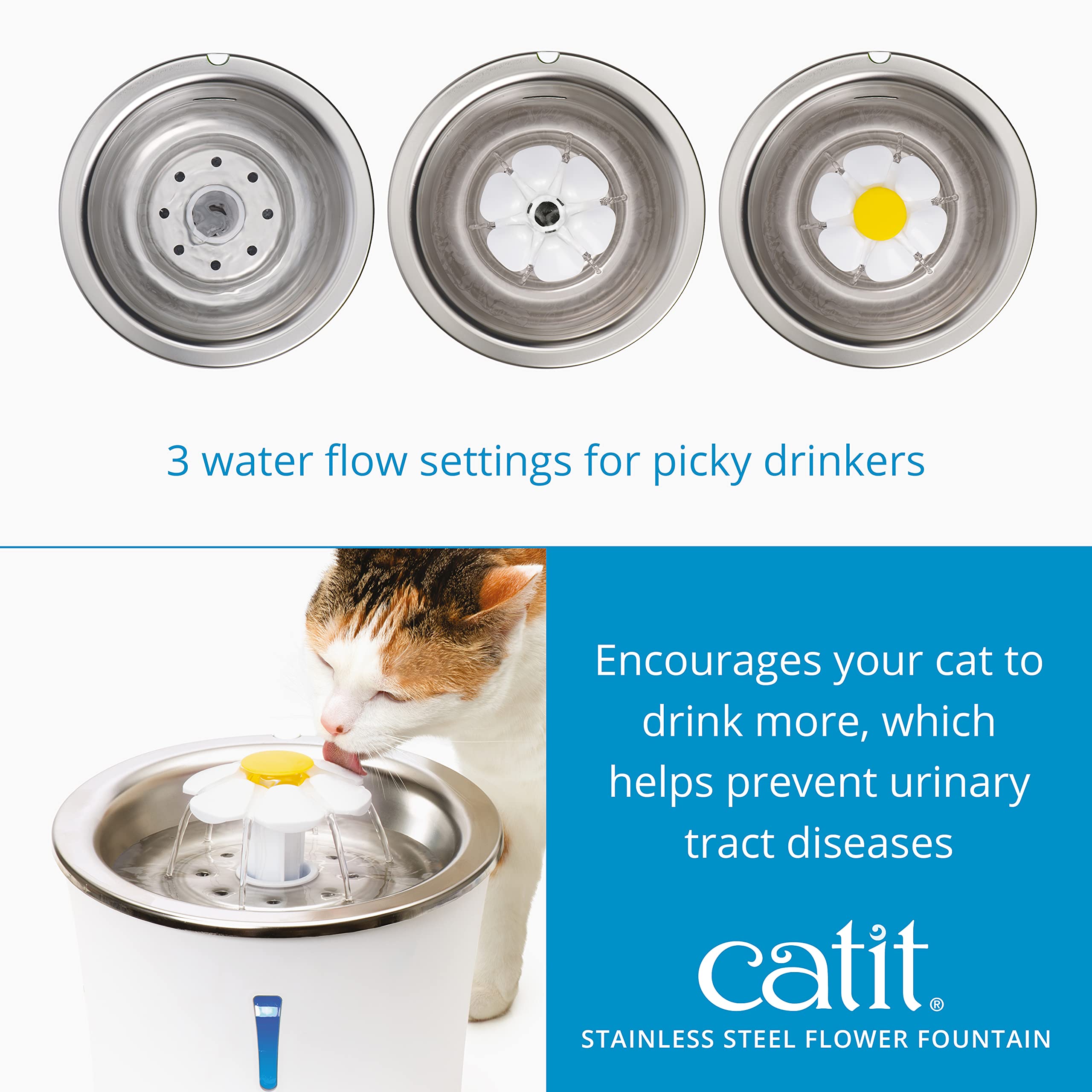 Catit Flower Stainless Steel Cat Water Fountain | 3 Flow Settings | Triple Action Filter 3