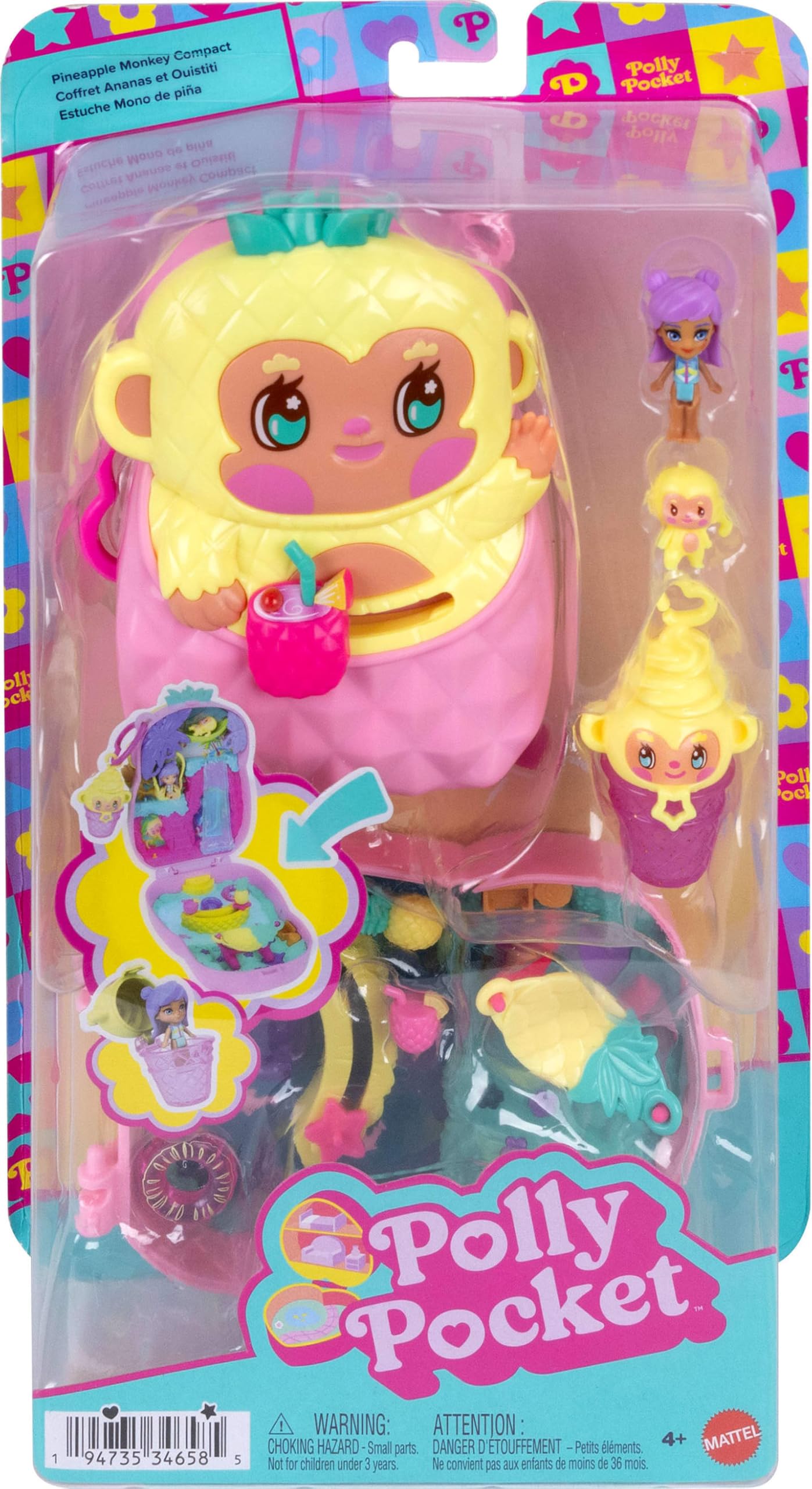 Polly Pocket Pineapple Monkey Compact Playset | Micro Doll & 7 Accessories | Ages 4+ 6