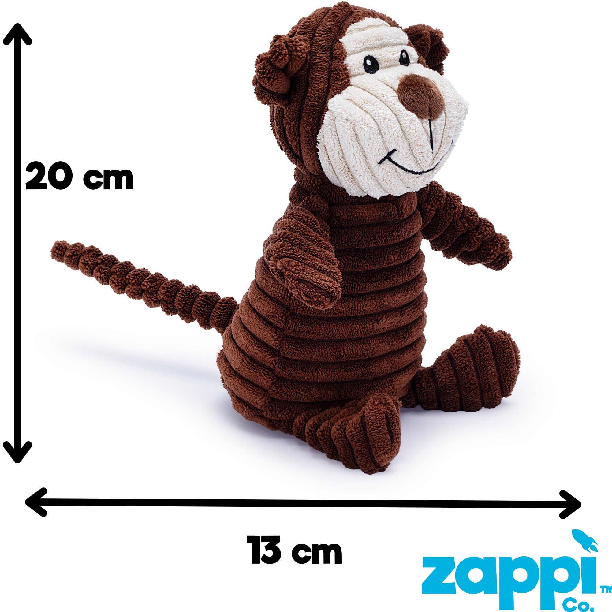 Zappi Co Brown Monkey Plush Dog Toy with Squeaker | Corduroy Texture | Medium Dog Size