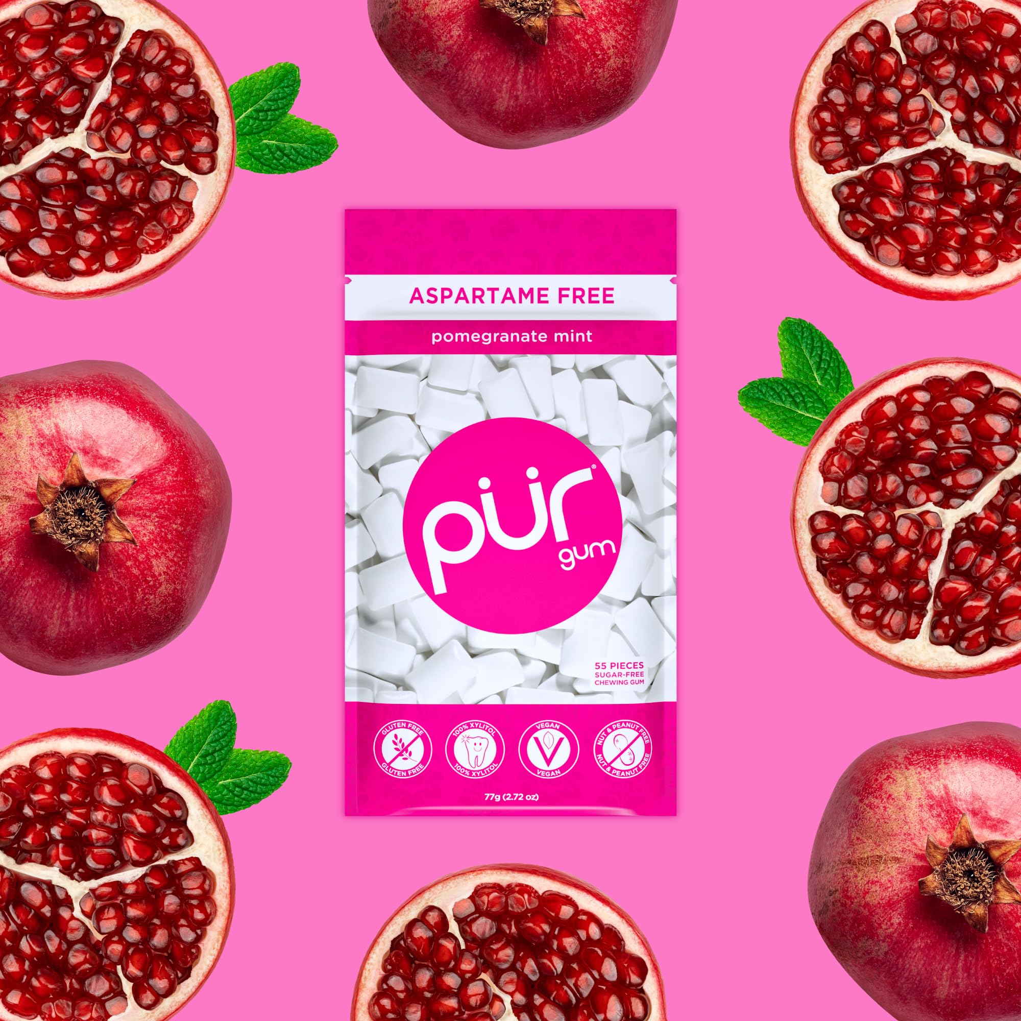 PUR - Natural Pomegranate Mint Sugar-Free Chewing Gum (55 Pieces, Pack of 3) 5