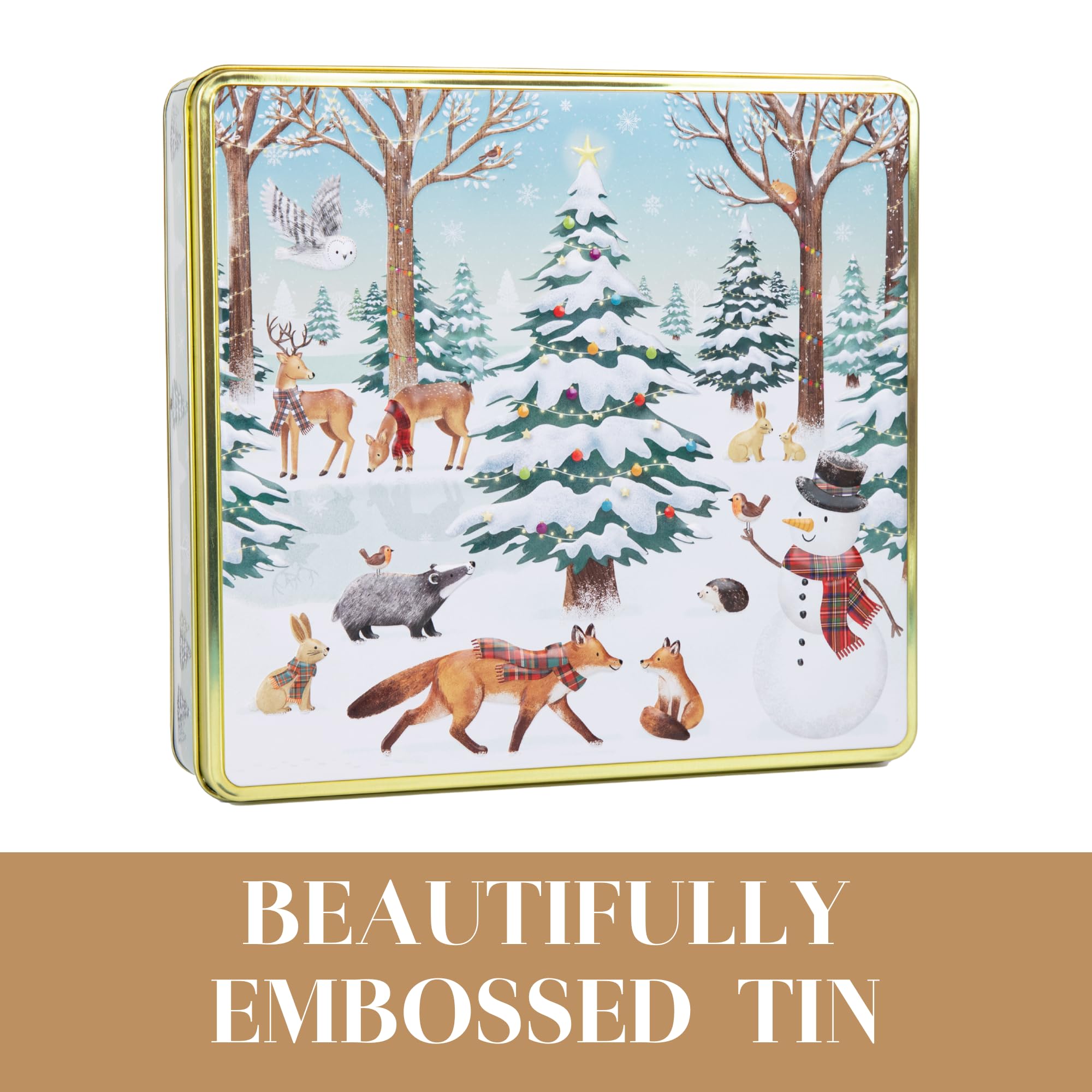 The Silver Crane co. Festive Forest Square Christmas Biscuits Tin with 3 Scottish Shortbread Flavors