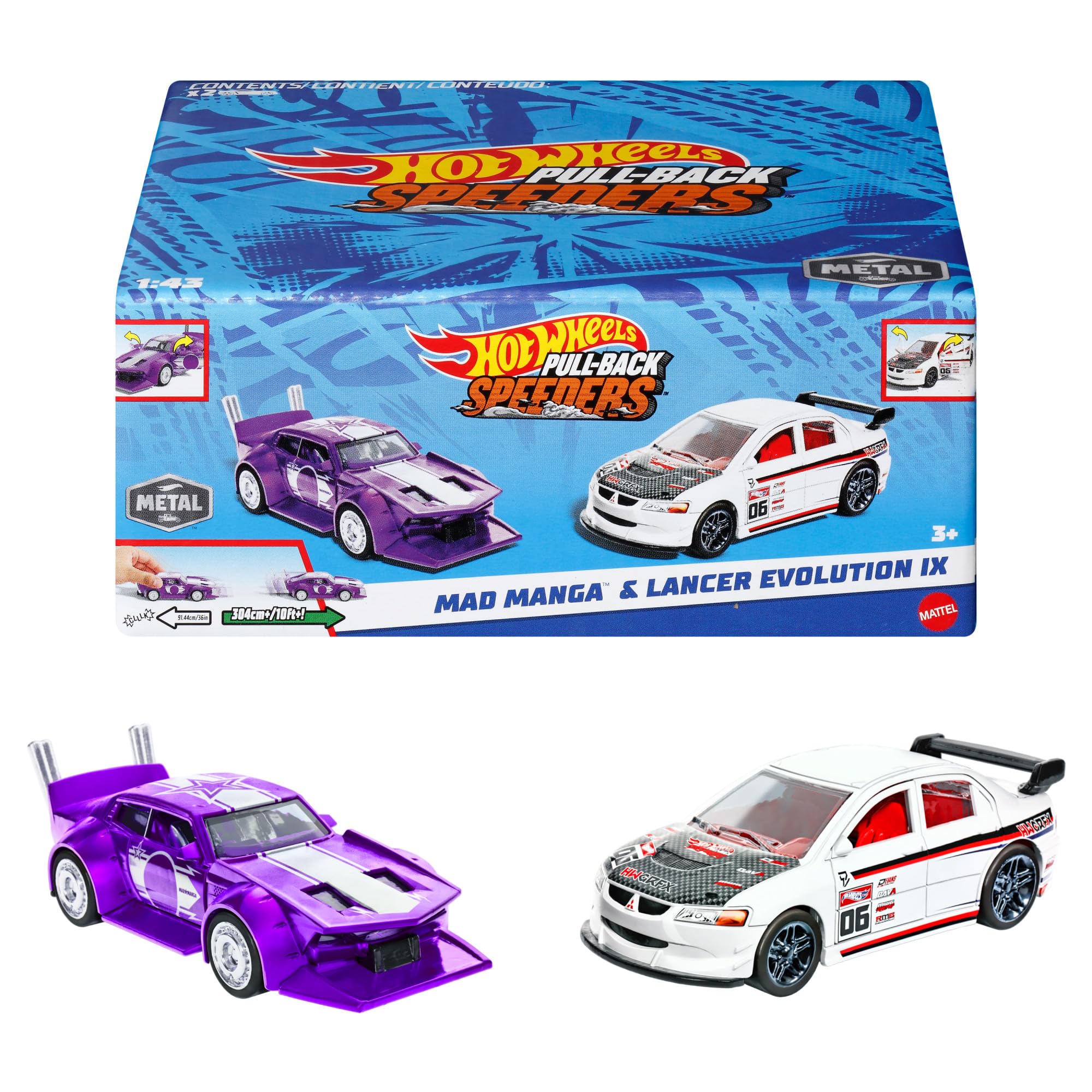 Hot Wheels Pull-Back Speeders Set of 2 Toy Cars - 1:43 Scale, Ages 3+