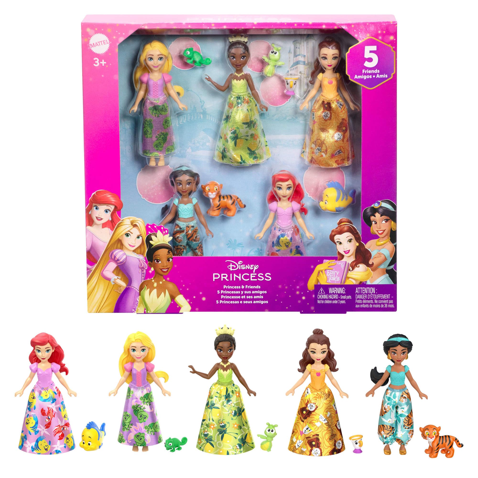 Mattel Disney Princess & Friends 5er-Pack Puppenspielset mit beweglichen Figuren und abnehmbaren Röcken, JBL33