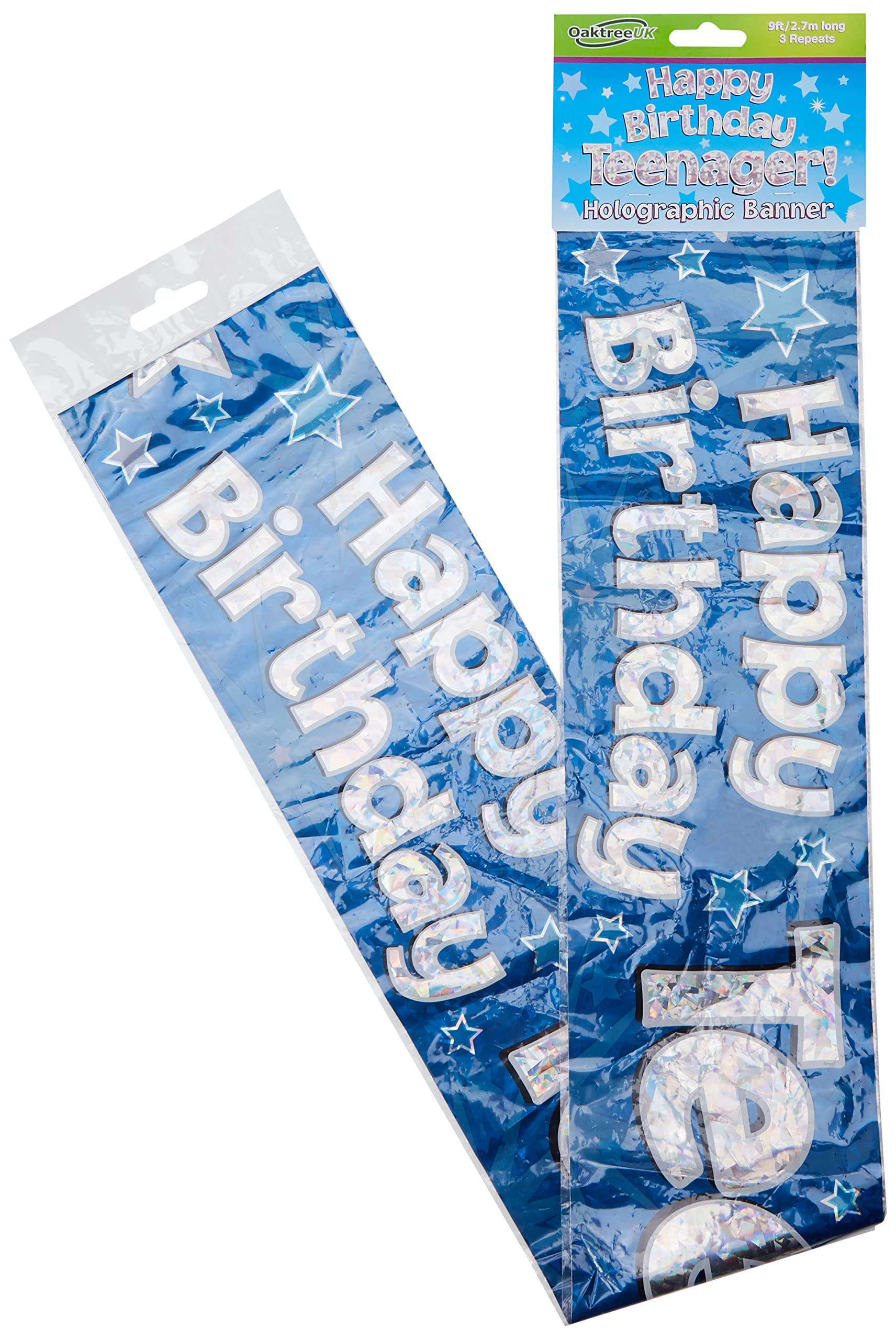 OakTree Happy Birthday Teenager Banner - 9ft Blue Foil Holographic | Foldable 1