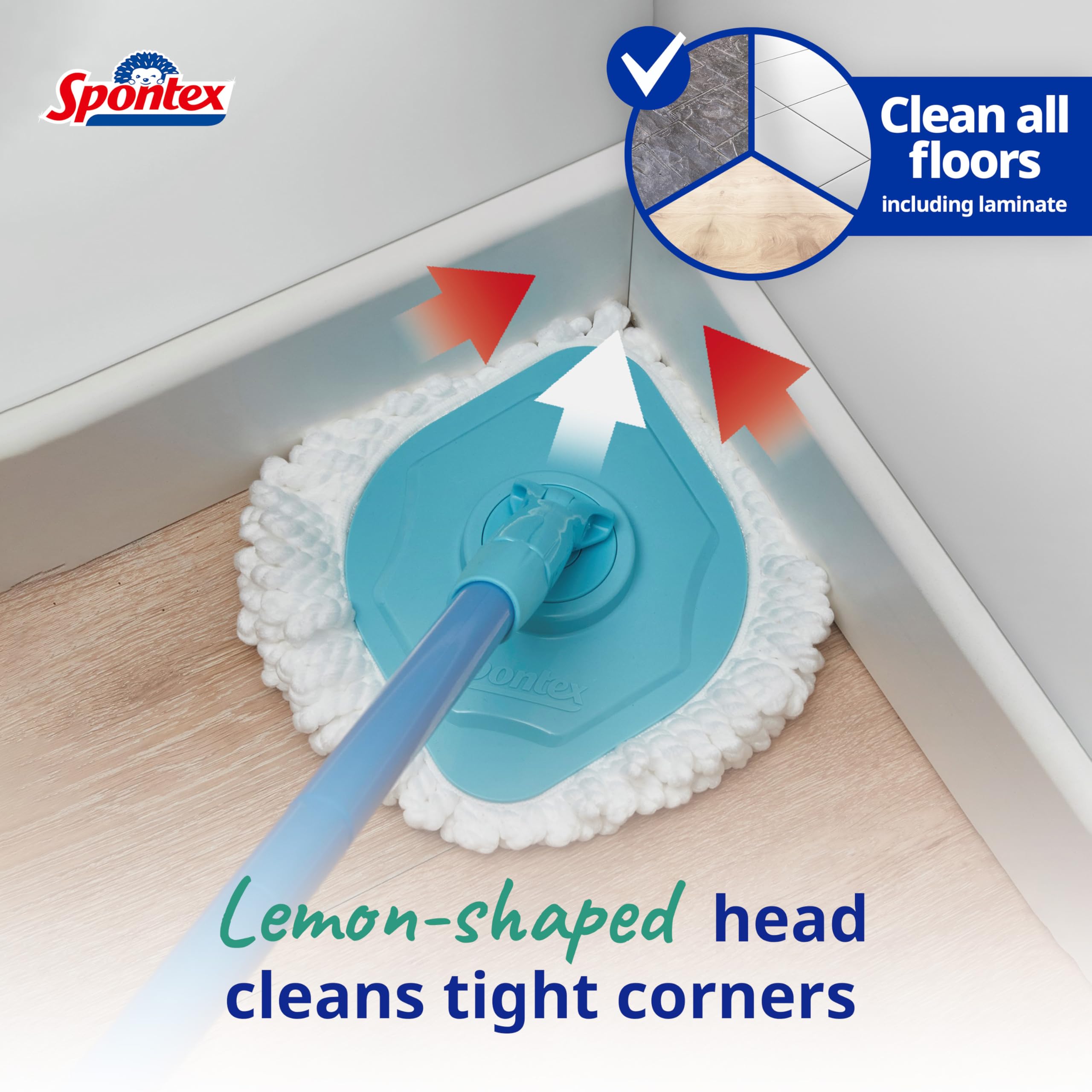 Spontex Full Action Corner System Spin Mop and Bucket Set | 360° Wringing | Microfibre Head | Cleans Laminate, Wood & Tile