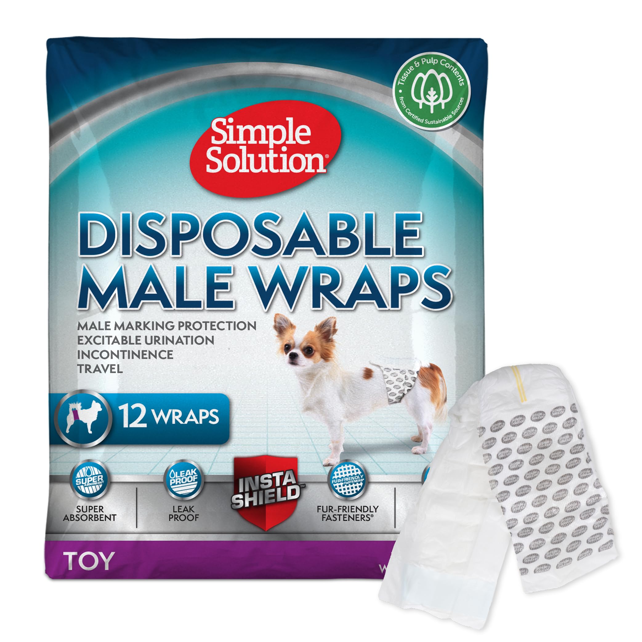 Simple Solution Disposable Dog Nappies - Toy Size for Males up to 4.5kg | 12 Pack