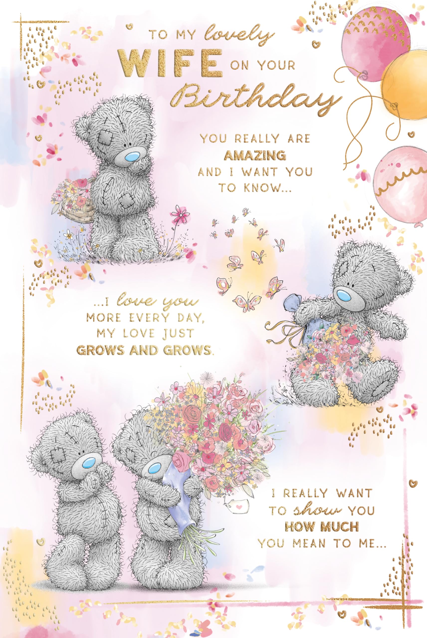 Me To You Tatty Teddy Lovely Wife Bear with Flowers Luxury Gold Foil Birthday Card | 6 x 9 Inches 1