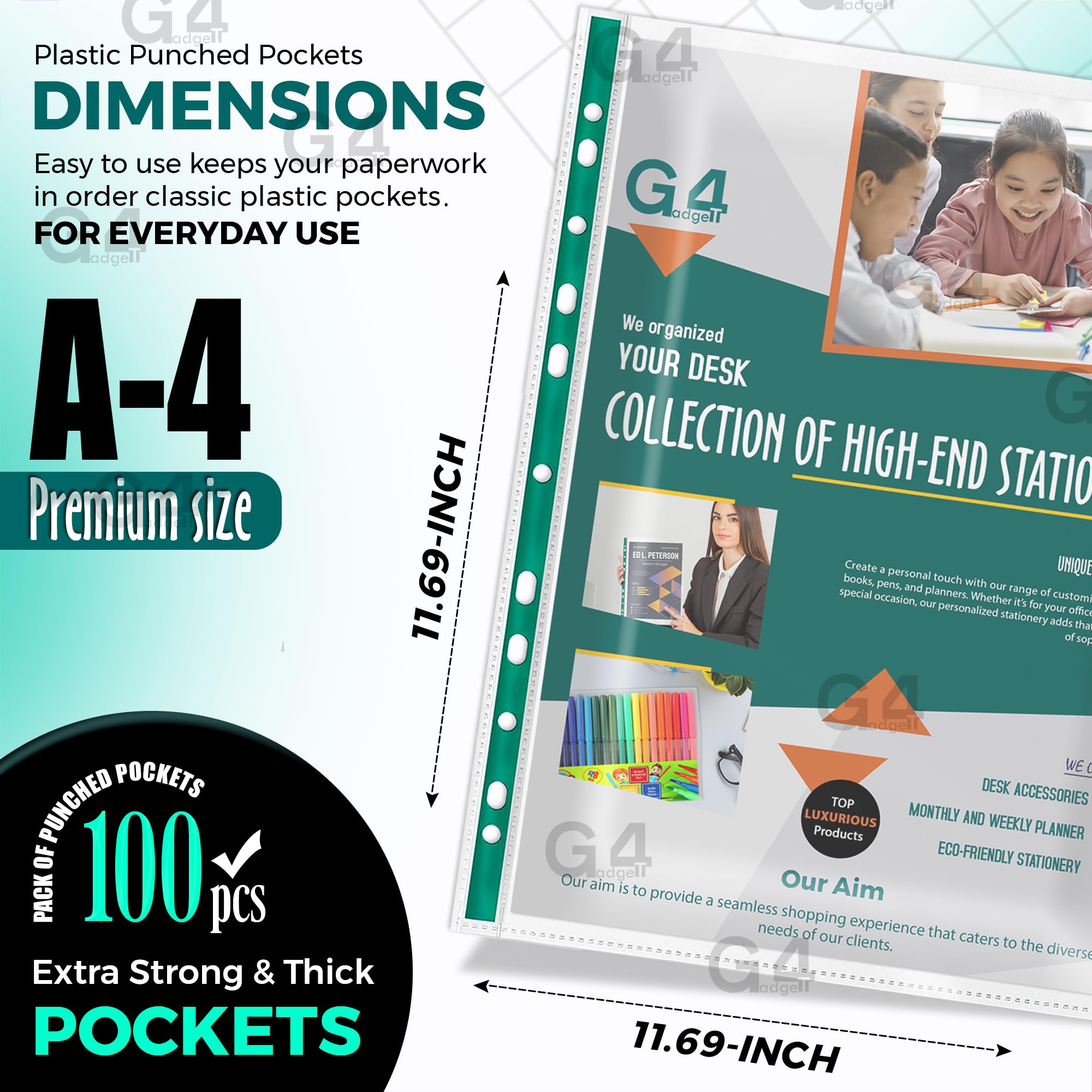 G4GADGET A4 Plastic Punched Pockets Value Pack - 100 Count, 30 Micron, 10-15 Sheet Capacity