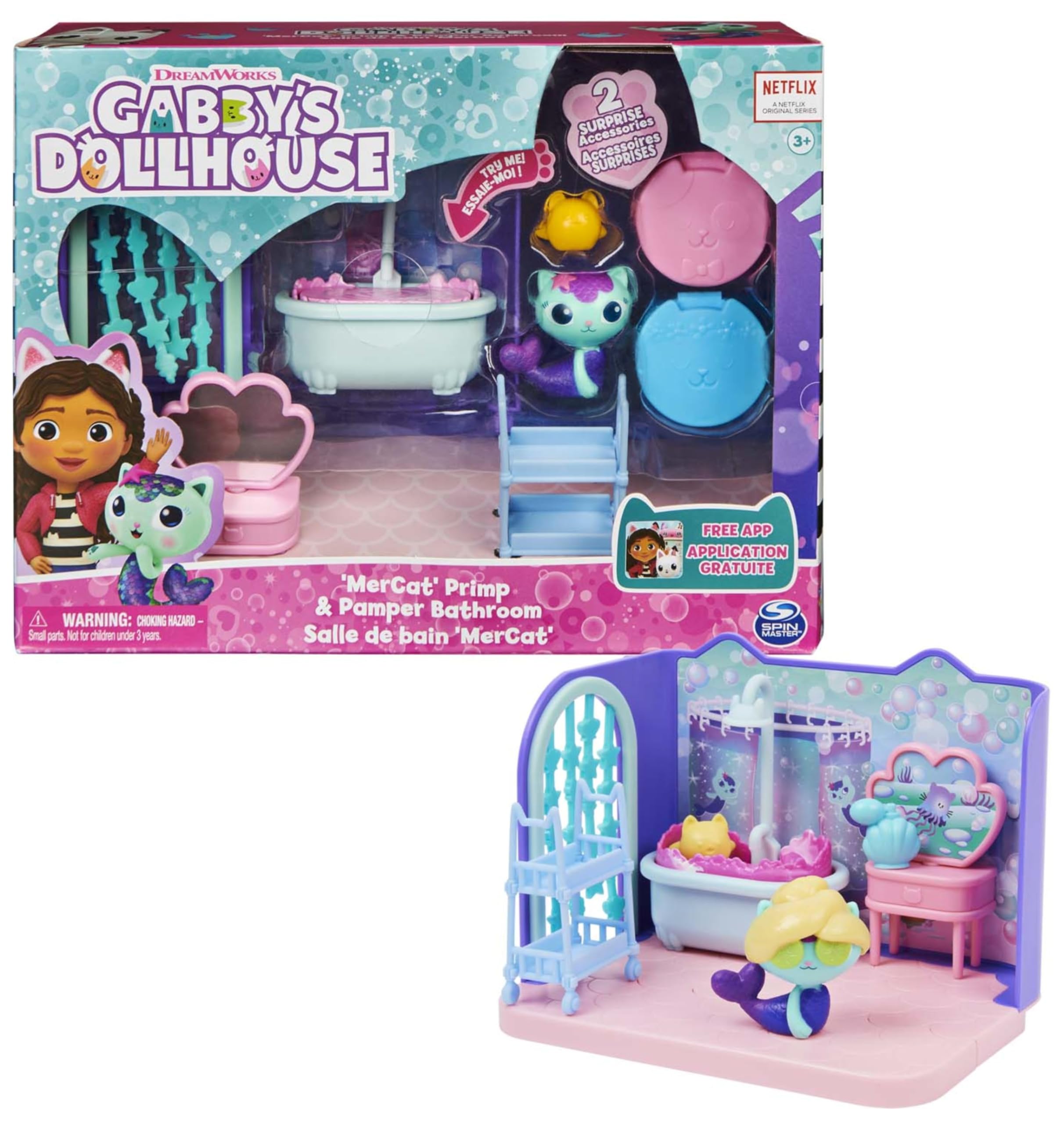 DREAMWORKS GABBY'S DOLLHOUSE Primp and Pamper Bathroom Playset with MerCat Figure for Ages 3+