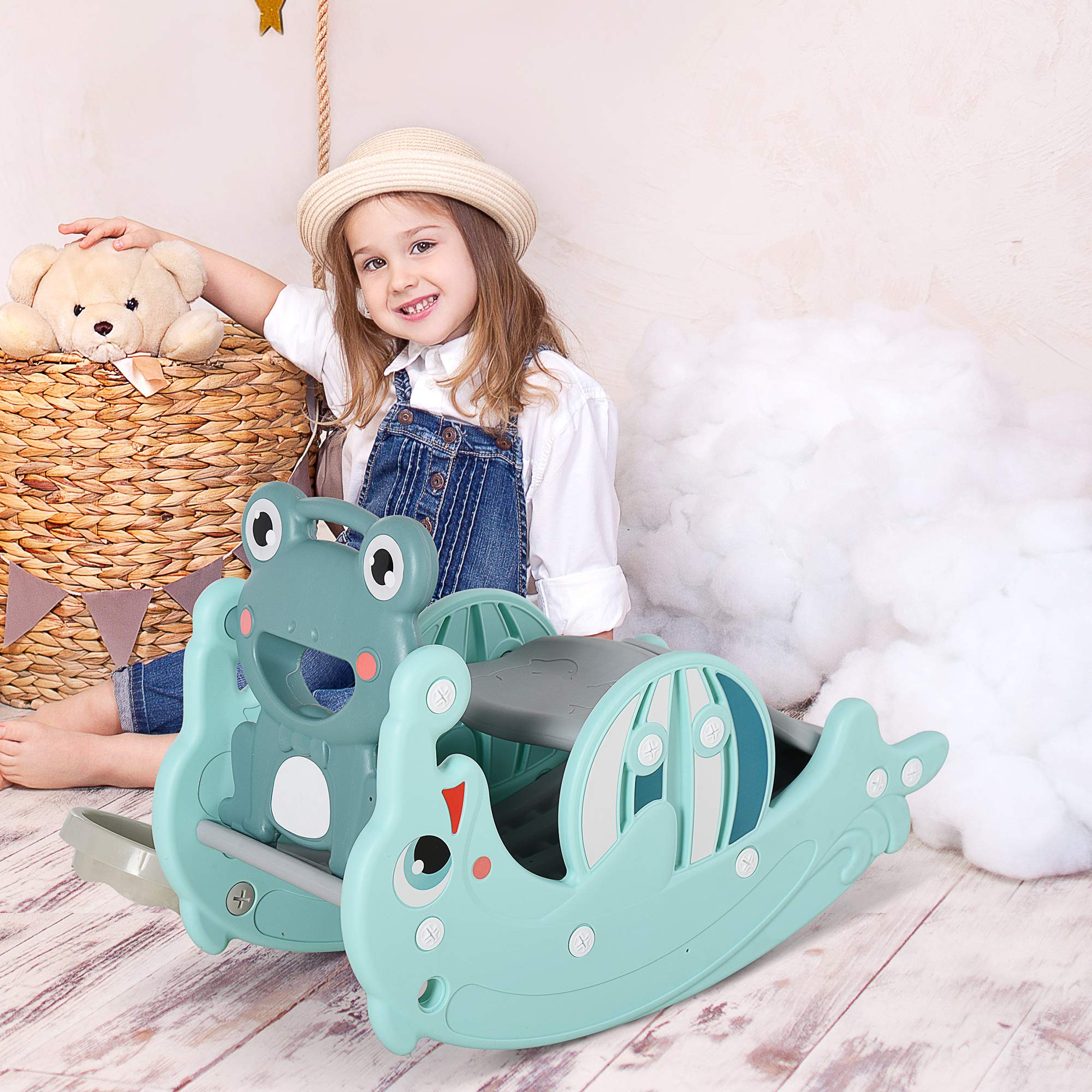 HOMCOM 3-in-1 Rocking Horse Slide with Basketball Hoop | Indoor/Outdoor Use | Ages 3-5 Years