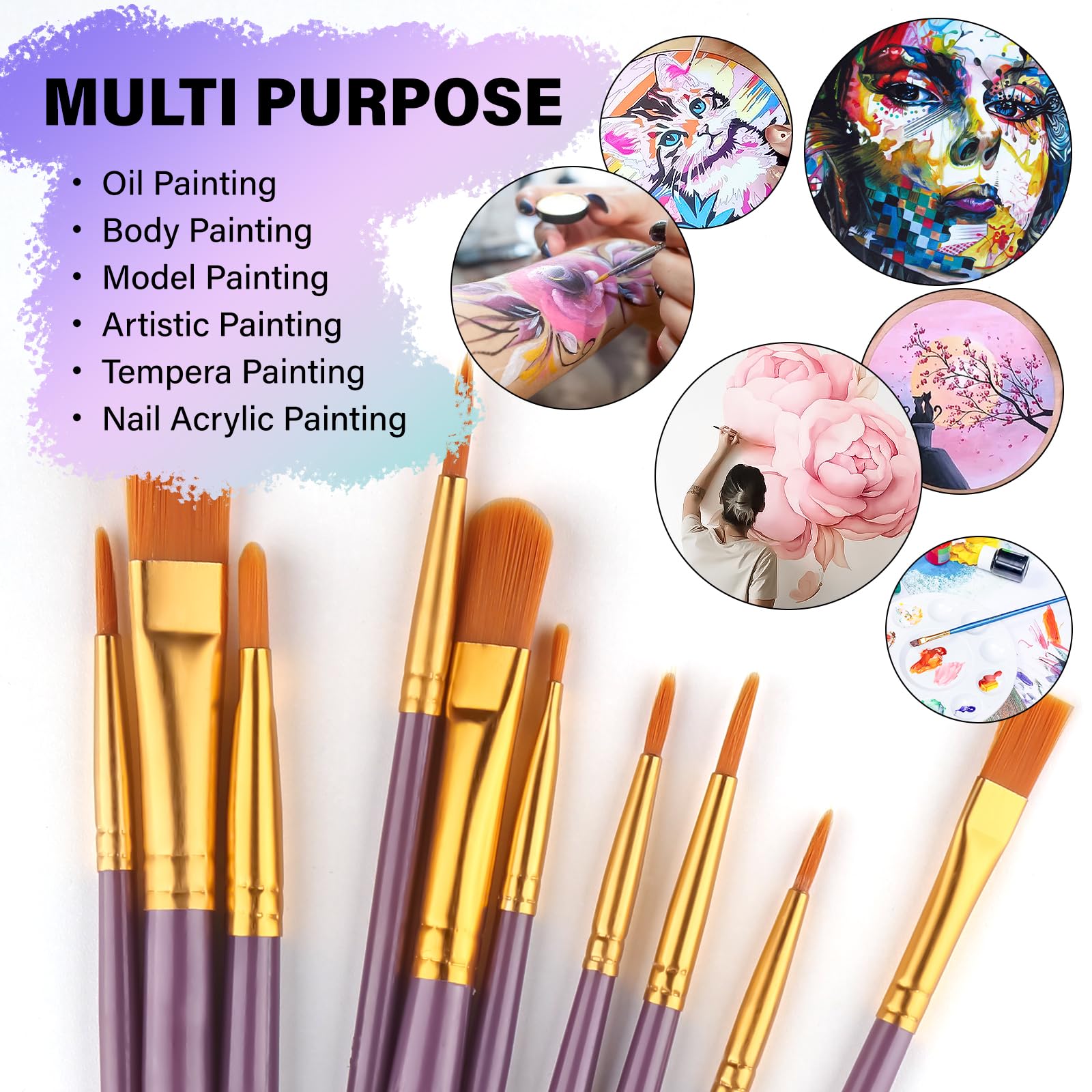 Admygo 20 PCS Paint Brush Set - Nylon Hair, Flat Art Brushes for Watercolor & Oil 6