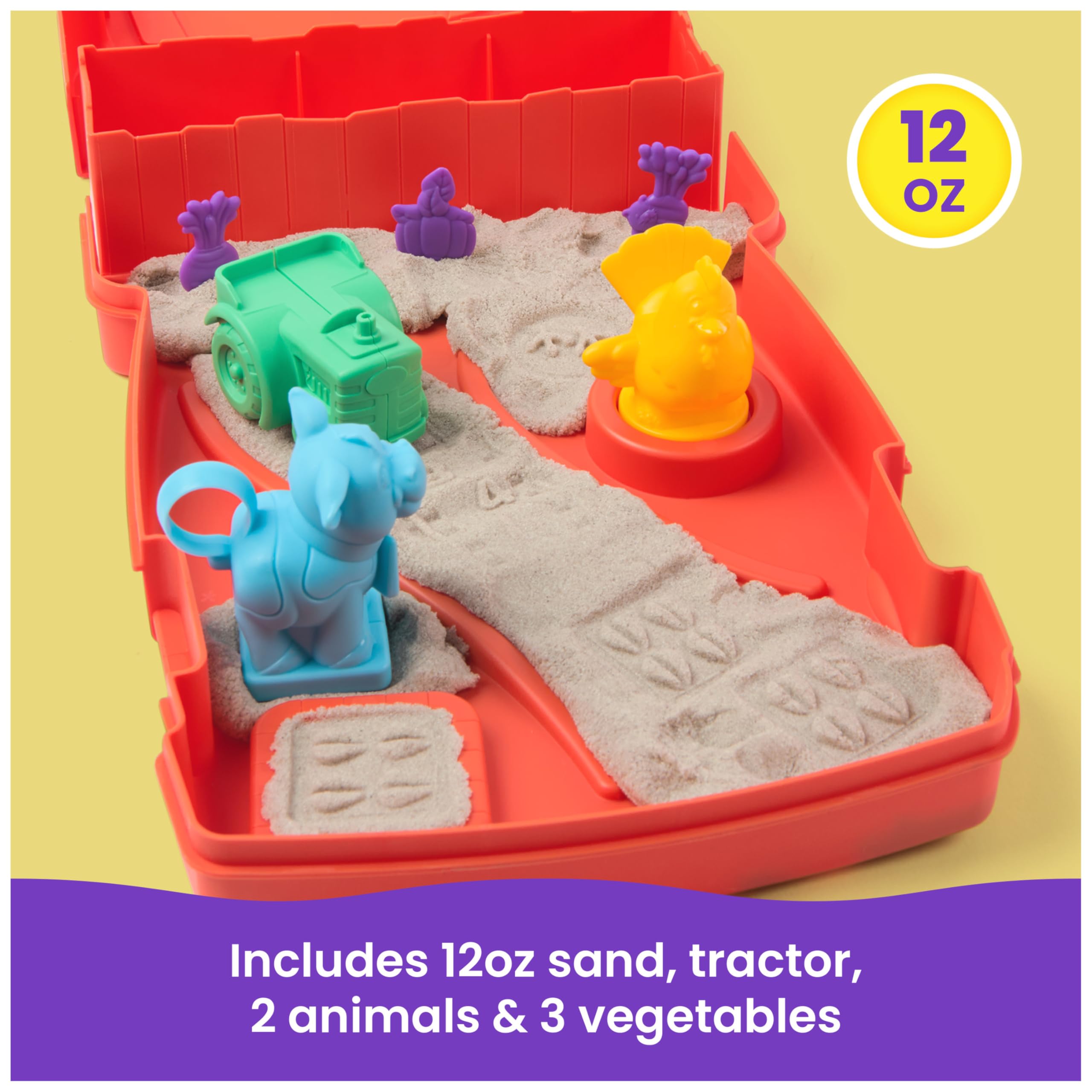 Kinetic Sand Sandy Farm Set with 340g Play Sand, 6 Tools and Moulds, Reusable Barn Storage Case 4