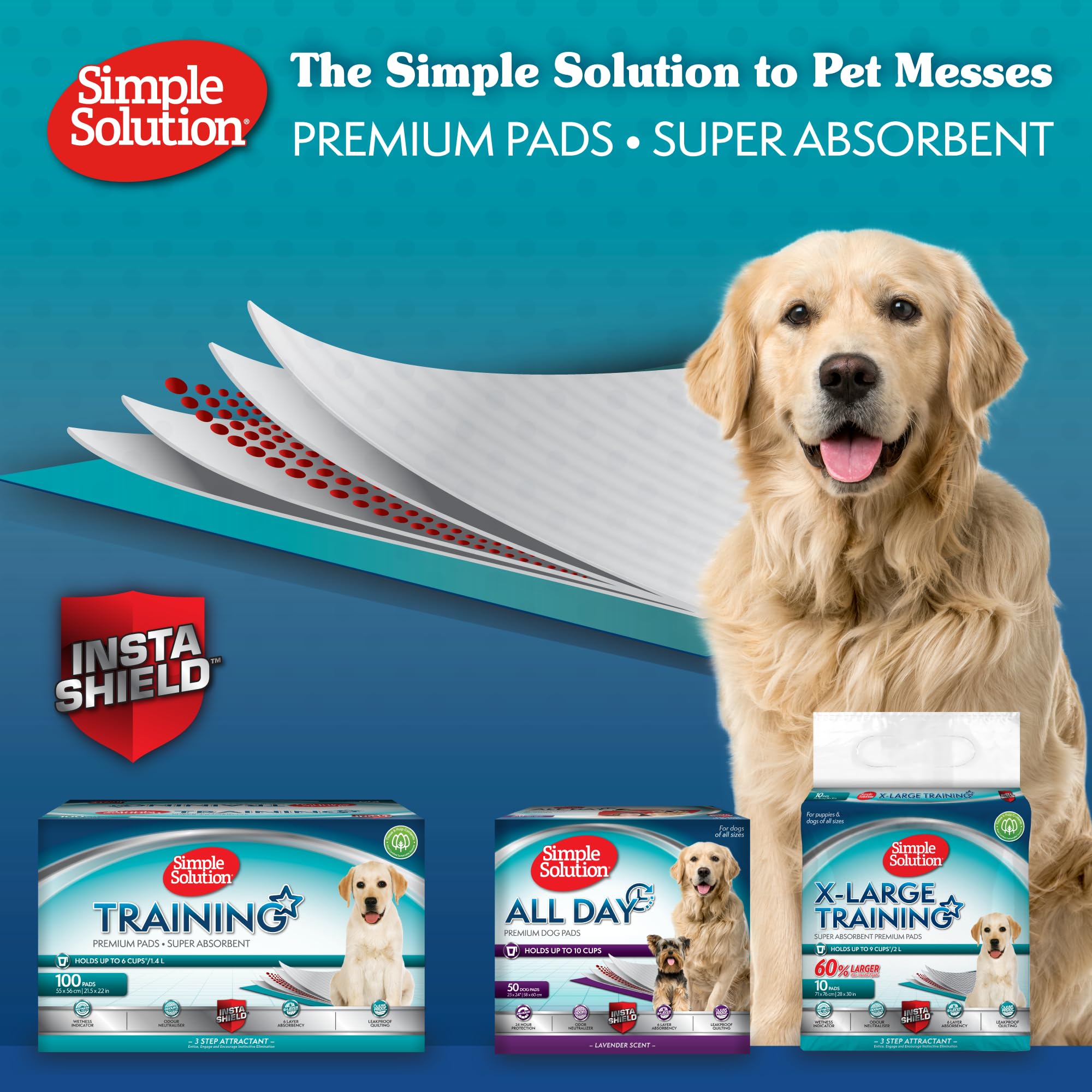 Simple Solution Absorbent Premium Dog Training Pads - 30 Pack | Leak-Proof | Insta-Shield Technology