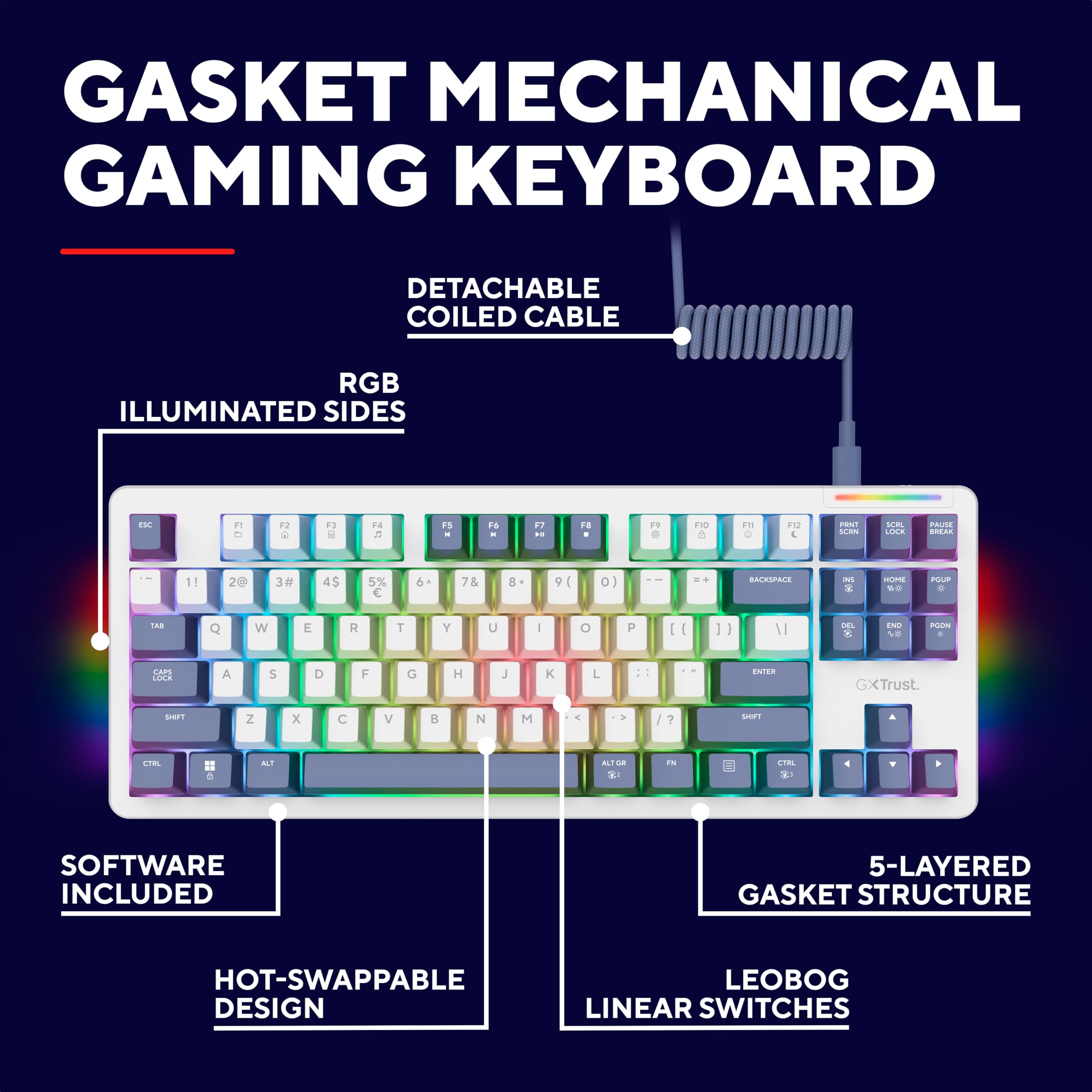 Trust Gaming GXTrust 872 Xyra TKL Mechanical Keyboard - Gasket Mount, Hot-Swappable, RGB Backlit, UK Layout 11