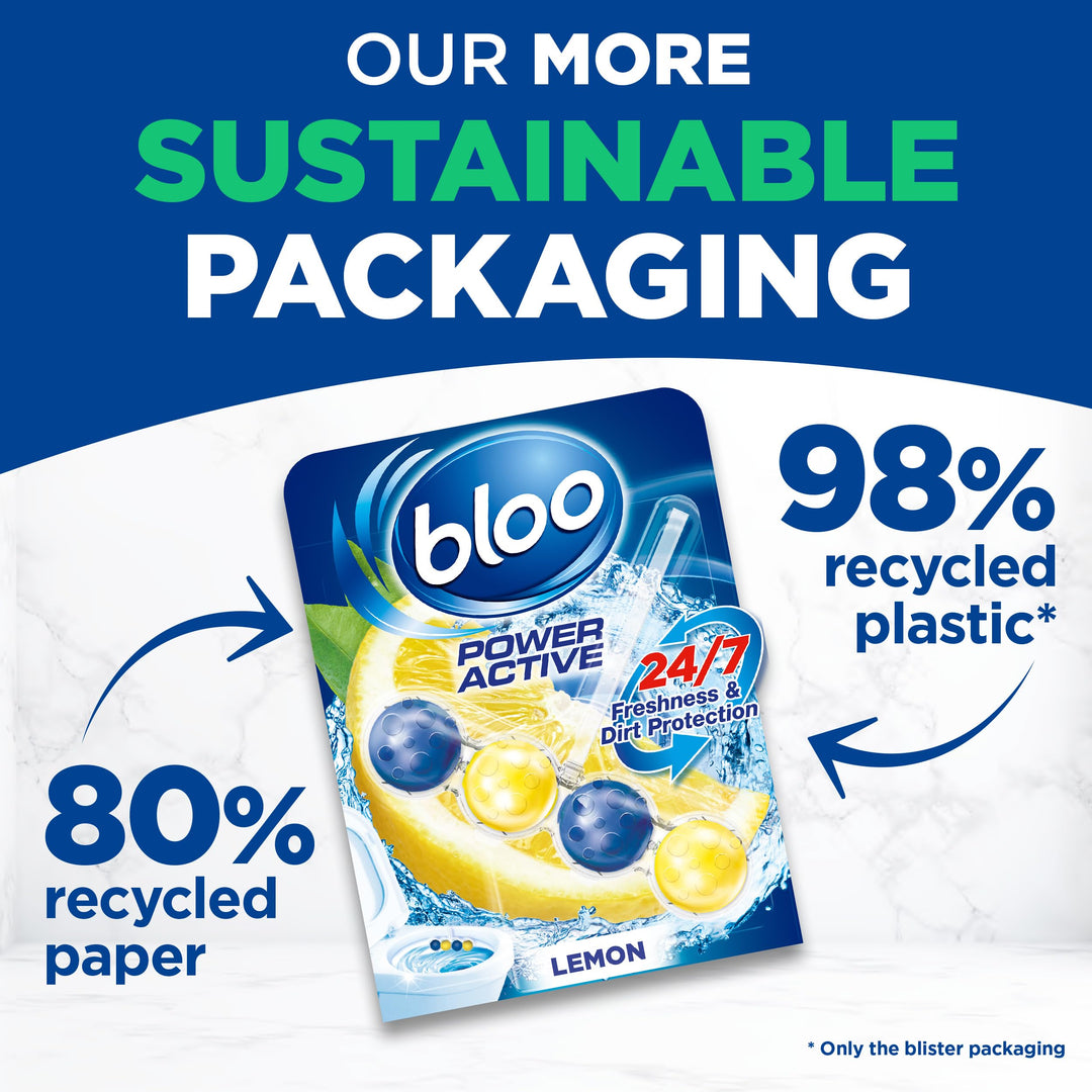 Bloo Power Active Toilet Rim Block - Lemon Scent with Anti-Limescale & Foaming Clean (240 Flushes)