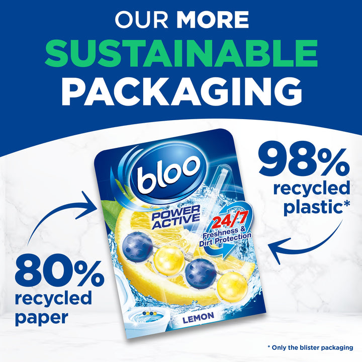 Bloo Power Active Toilet Rim Block - Lemon Scent with Anti-Limescale & Foaming Clean (240 Flushes)