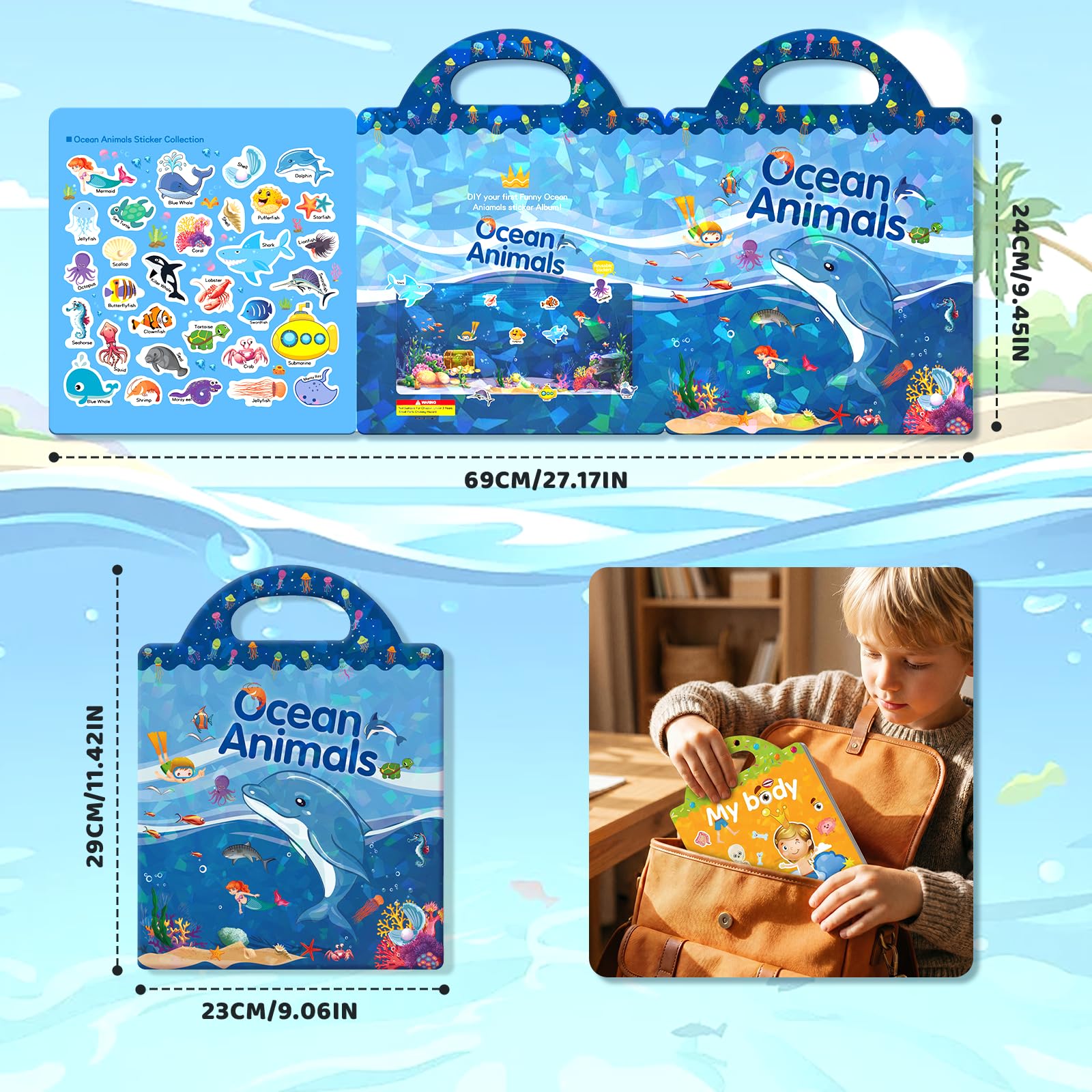 GUYUCOM Reusable Sticker Books - 4 Pack: Ocean, Farm, Insect, Body Themes | Educational Learning Toy 3