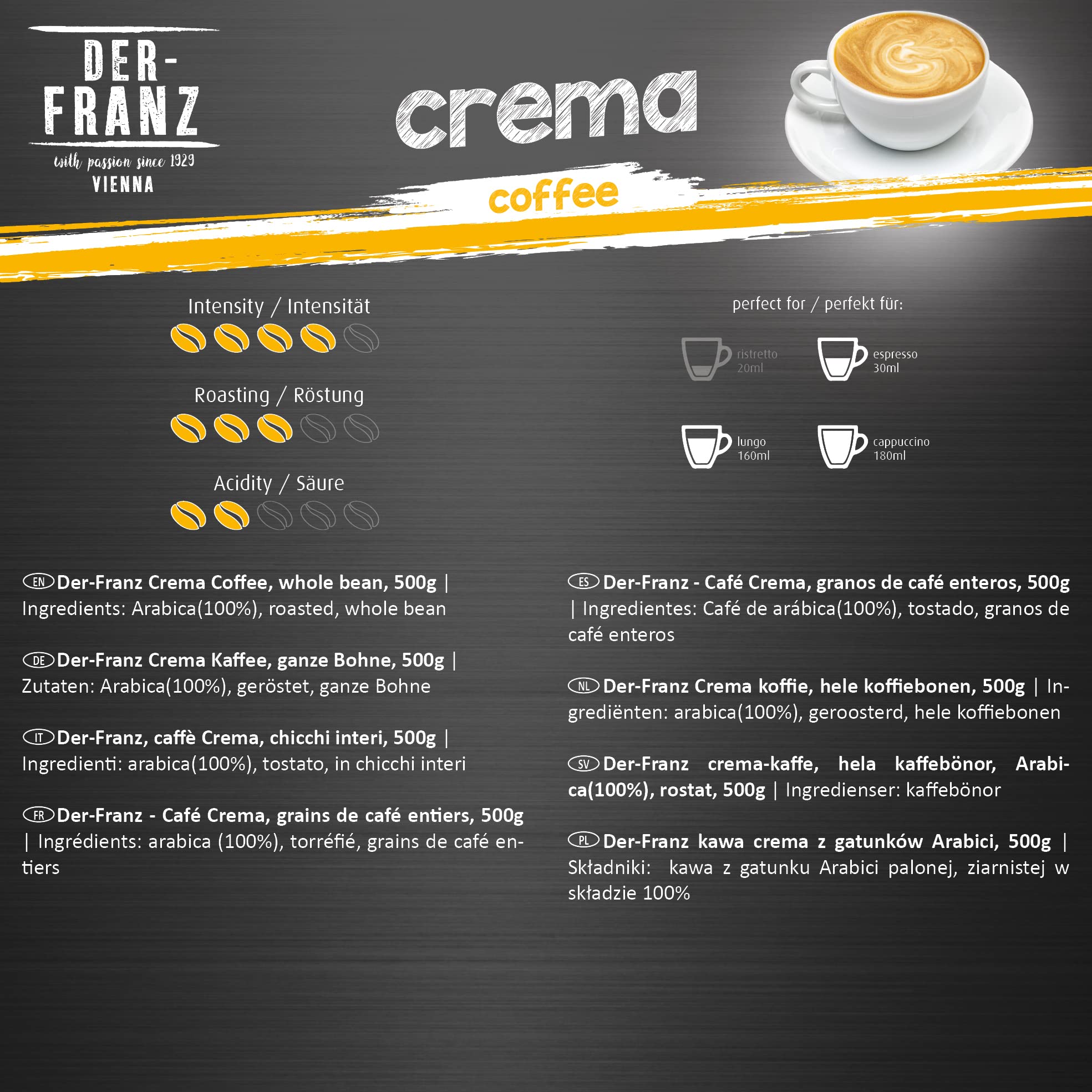 Der-Franz Crema Whole Coffee Beans - 100% Arabica | Intensity 4 | 3 x 500g Pack 3