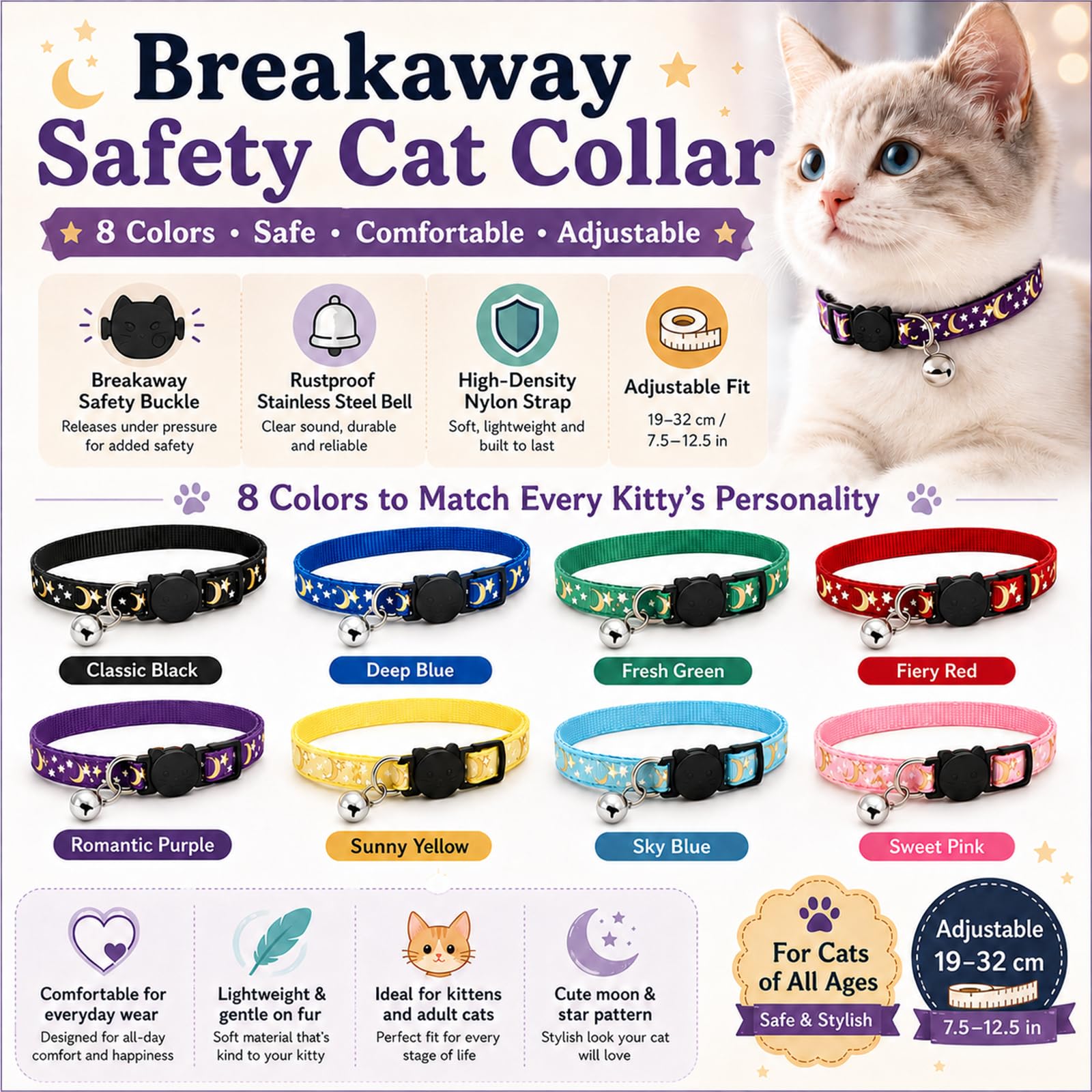 Muexoee Reflective Adjustable Cat Collar with Bell - Moon Star Print, Safety Buckle, Red 3