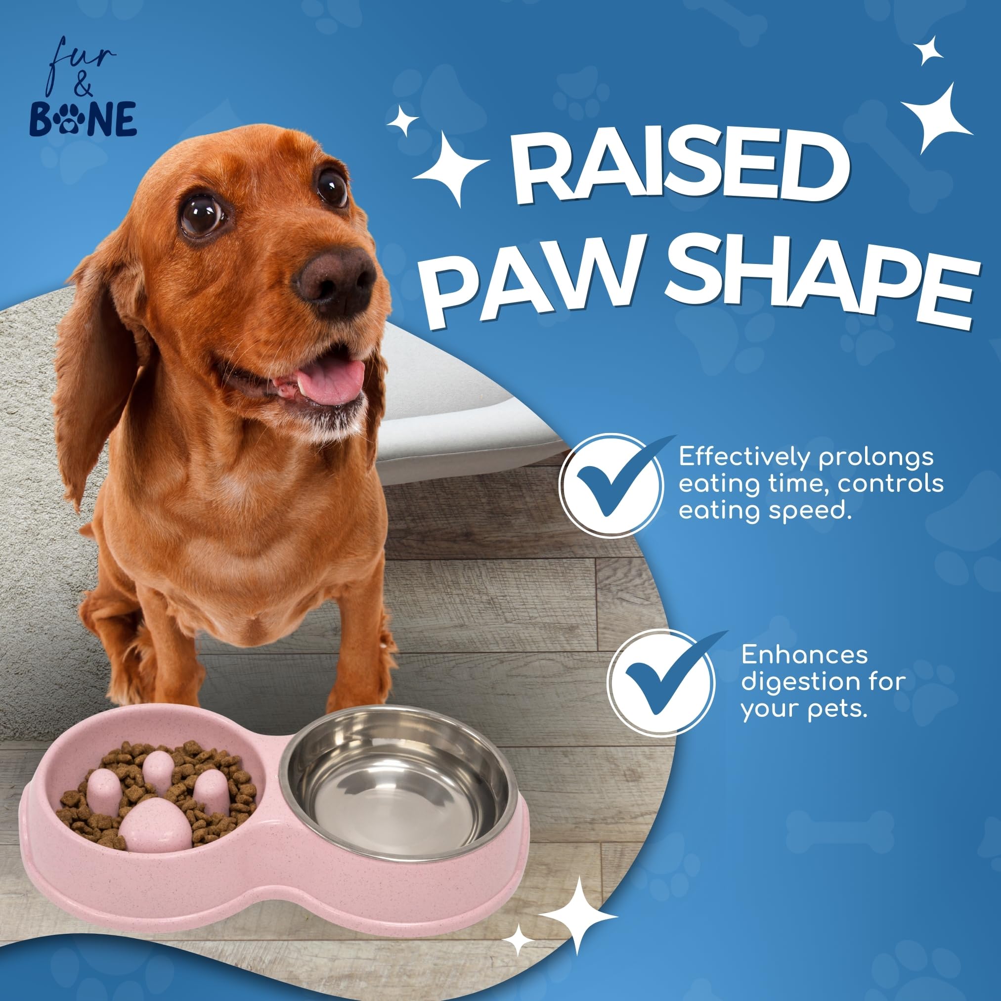 Fur & Bone Double Slow Feeder Dog Bowl - Stainless Steel & Wheat Straw | Non-Slip Base | Pink 4