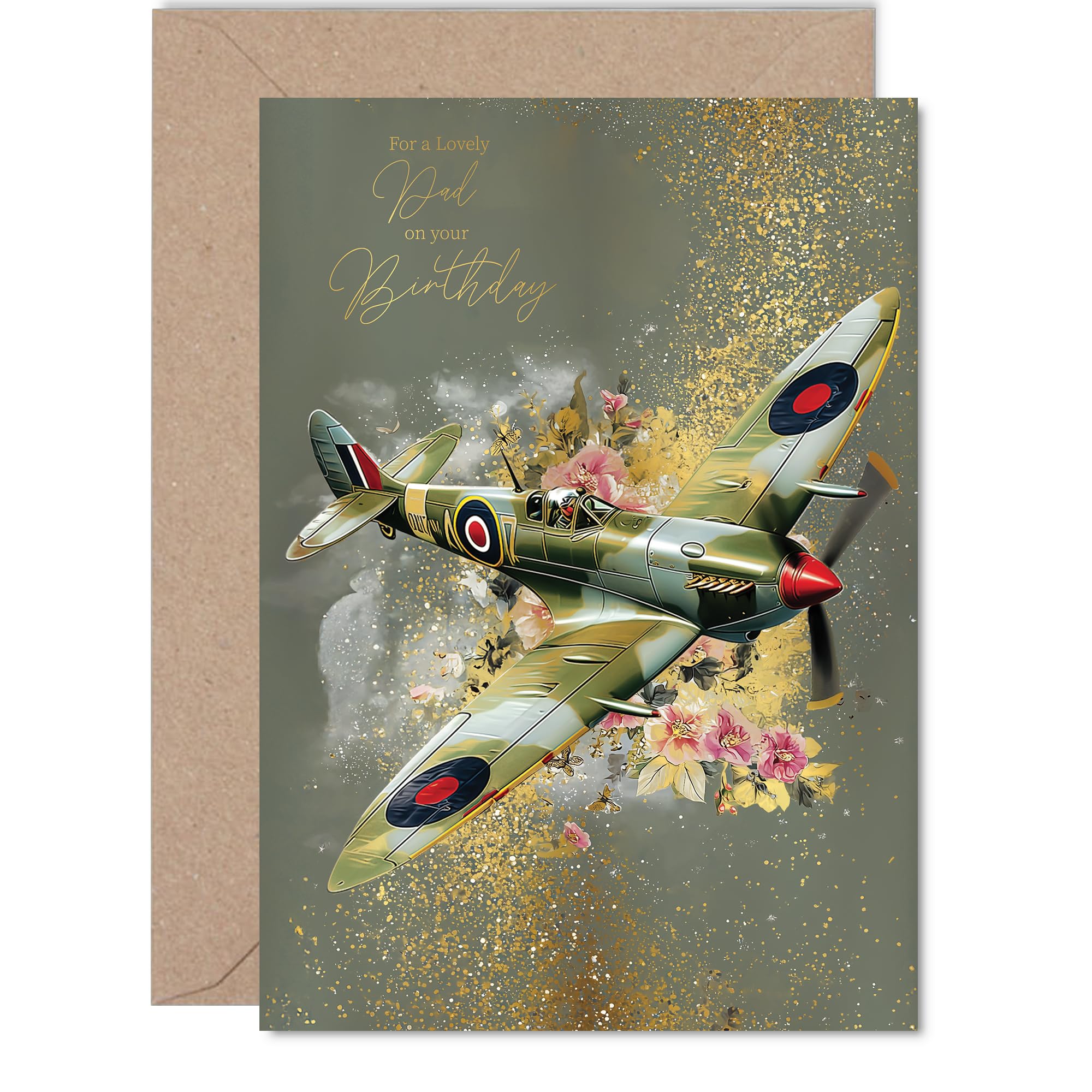 Giftzie Spitfire Airplane Birthday Card for Dad | 127mm x 178mm | Gold Design