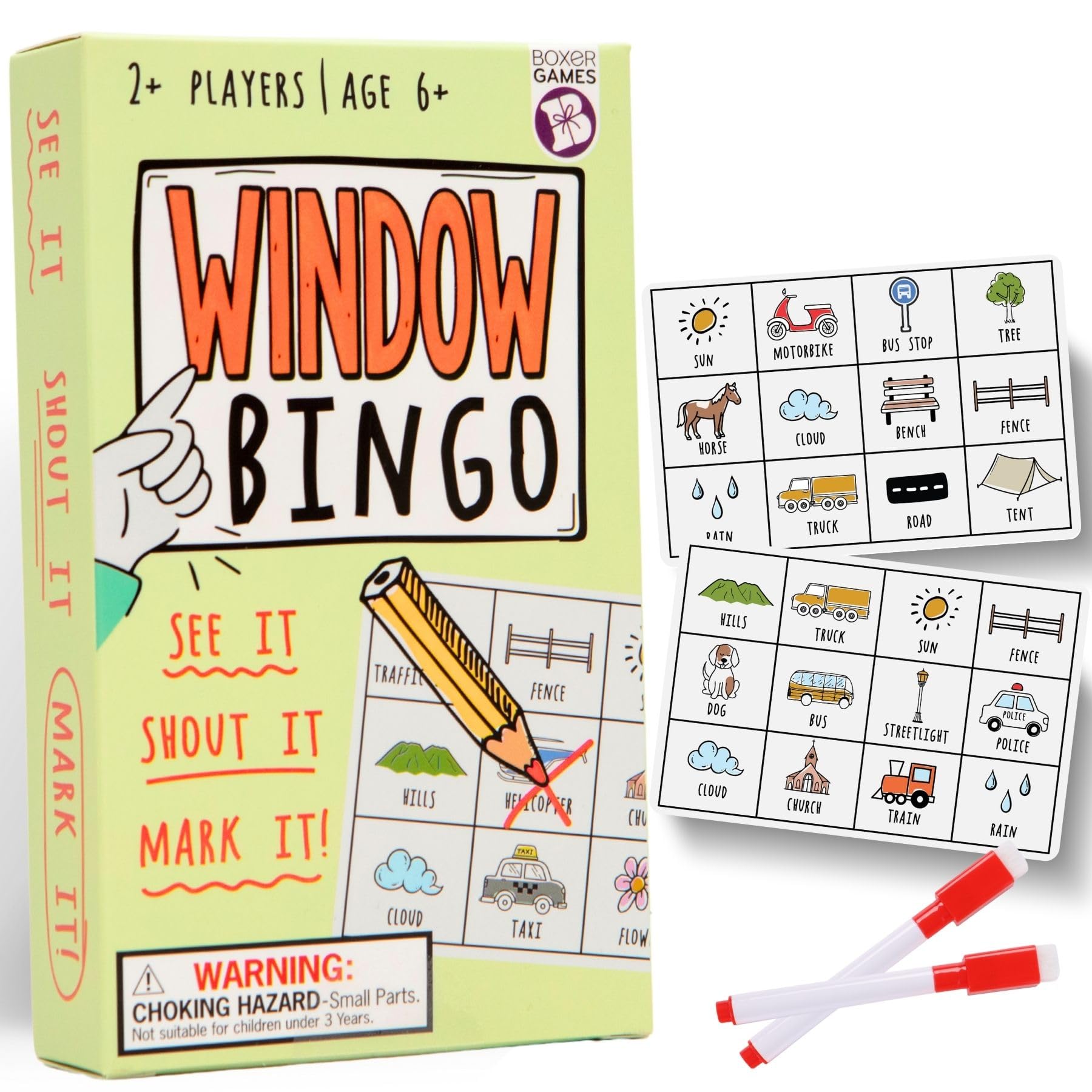 Boxer Gifts Window Bingo Travel Game - Wipe Clean Cards, 2+ Players, Ages 6+ | Cardboard
